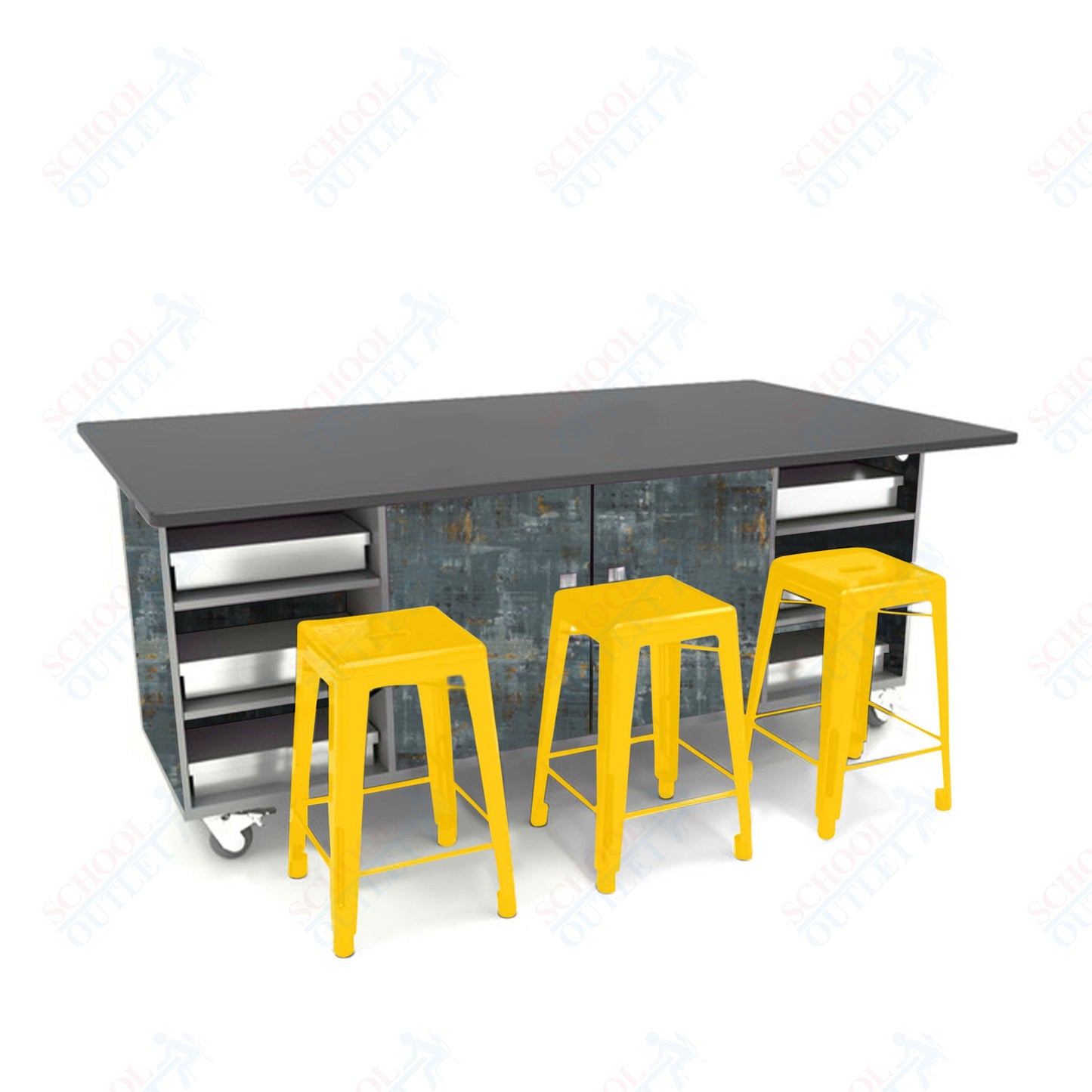 CEF ED Double Table 36"H Chemical Resistant Top, Laminate Base with  6 Stools, Storage bins, and Electrical Outlets Included.