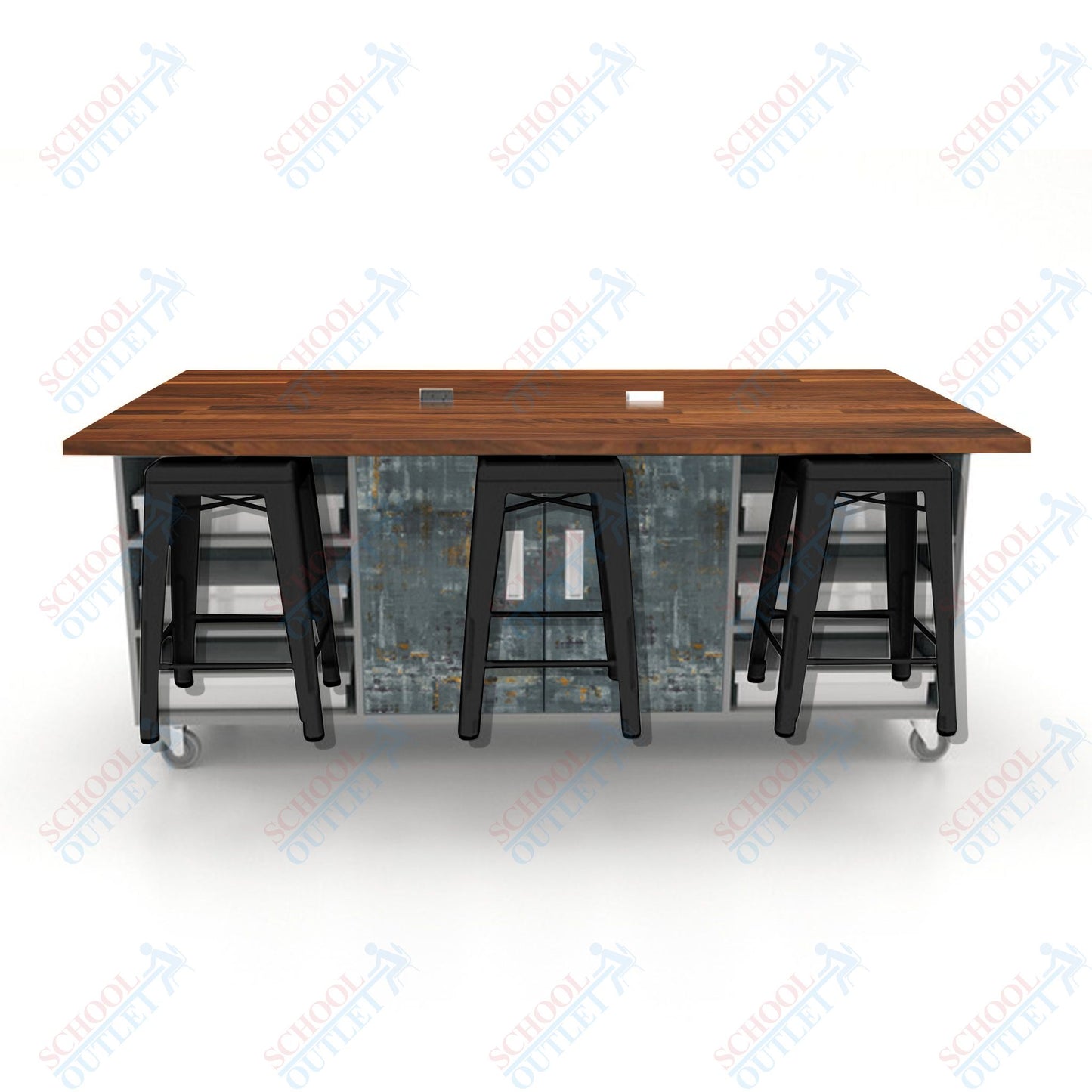 CEF ED Double Table 36"H Butcher Block Top, Laminate Base with  6 Stools, Storage bins, and Electrical Outlets Included.