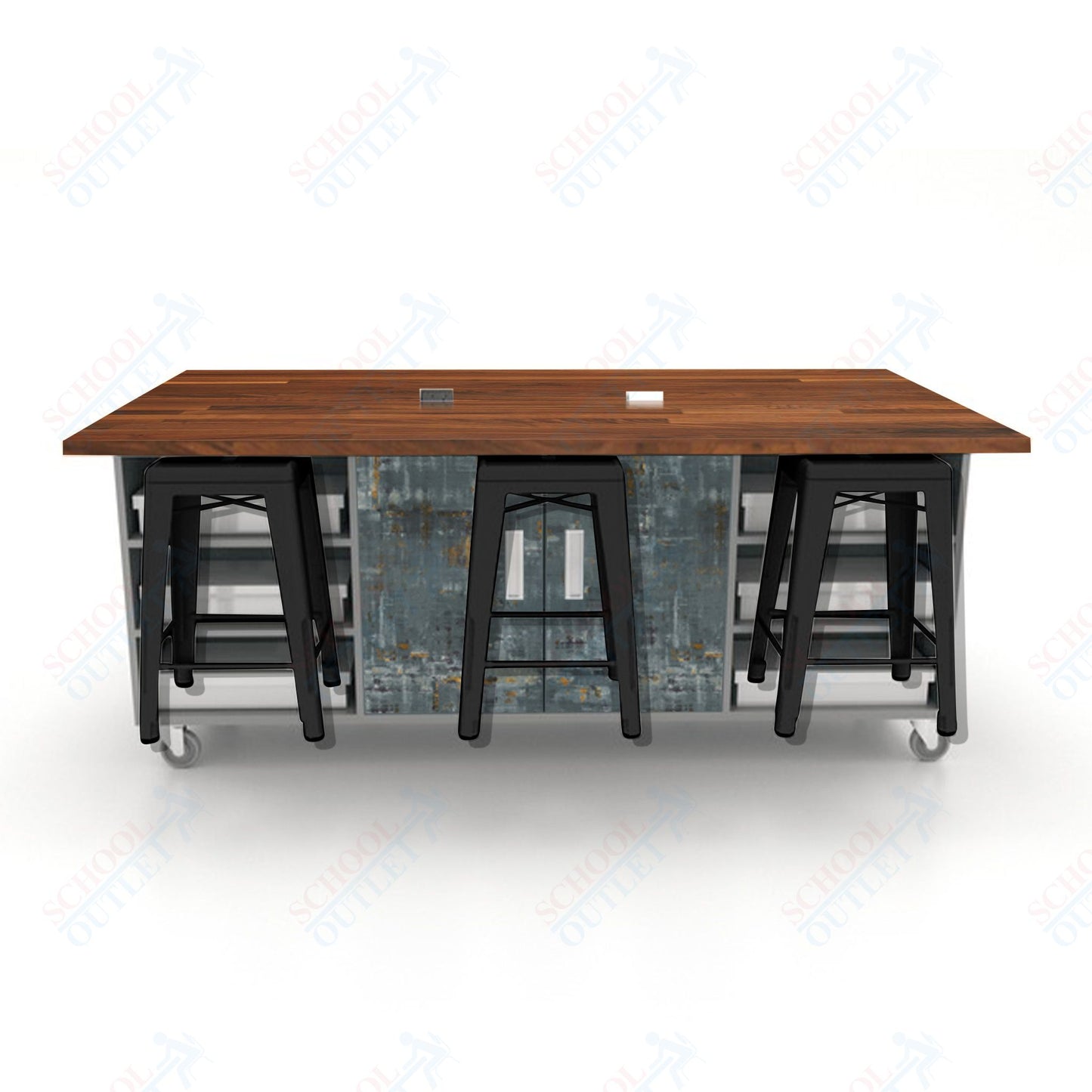 CEF ED Double Table 36"H Butcher Block Top, Laminate Base with  6 Stools, Storage bins, and Electrical Outlets Included.