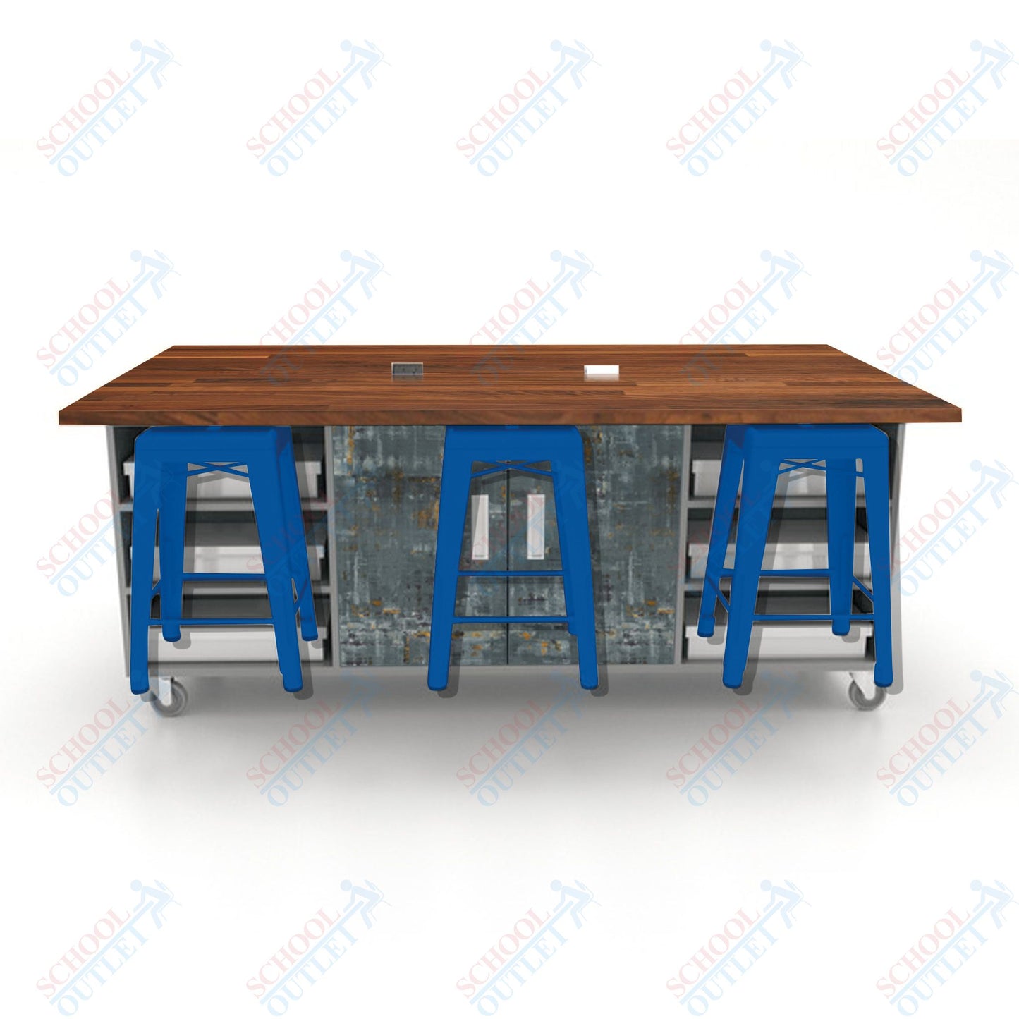 CEF ED Double Table 36"H Butcher Block Top, Laminate Base with  6 Stools, Storage bins, and Electrical Outlets Included.