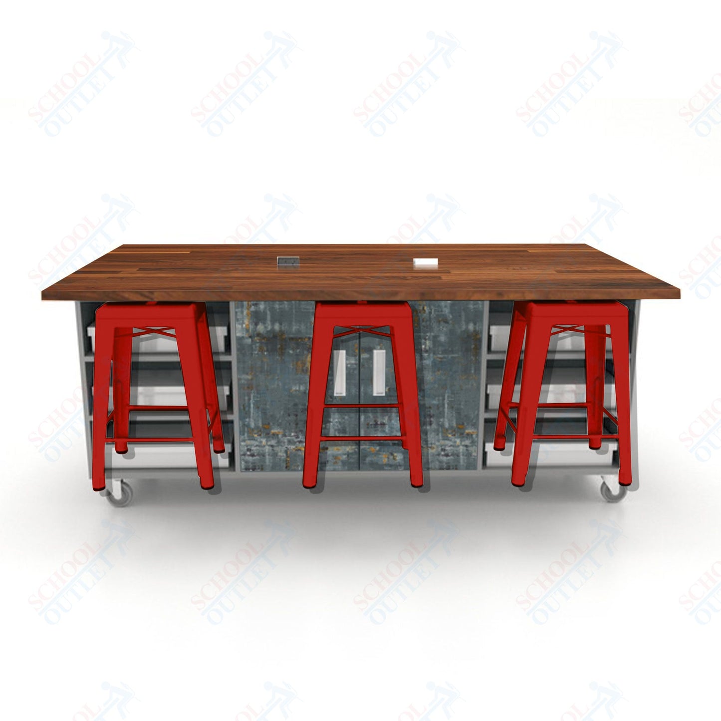 CEF ED Double Table 36"H Butcher Block Top, Laminate Base with  6 Stools, Storage bins, and Electrical Outlets Included.