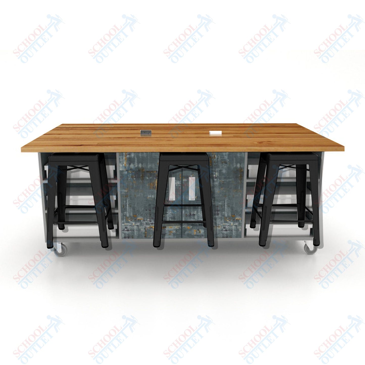 CEF ED Double Table 36"H Butcher Block Top, Laminate Base with  6 Stools, Storage bins, and Electrical Outlets Included.