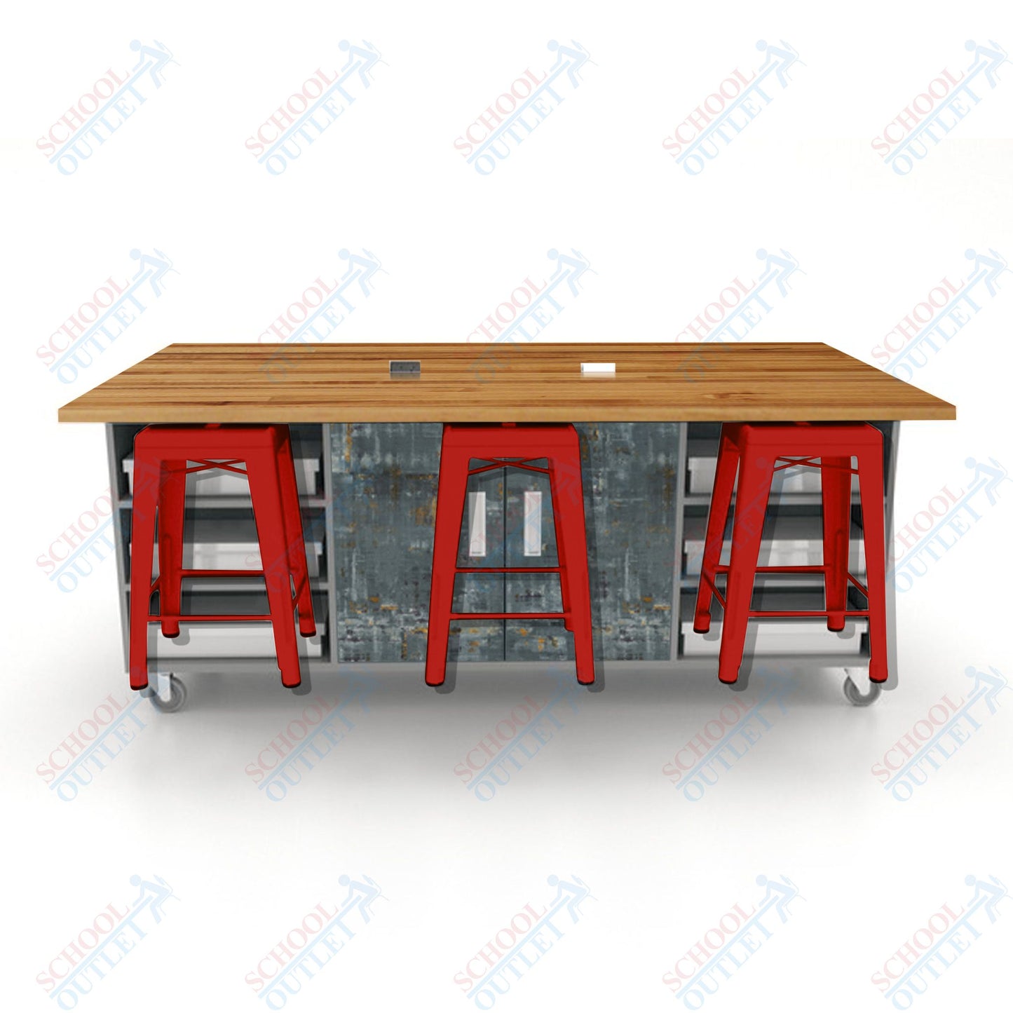 CEF ED Double Table 36"H Butcher Block Top, Laminate Base with  6 Stools, Storage bins, and Electrical Outlets Included.