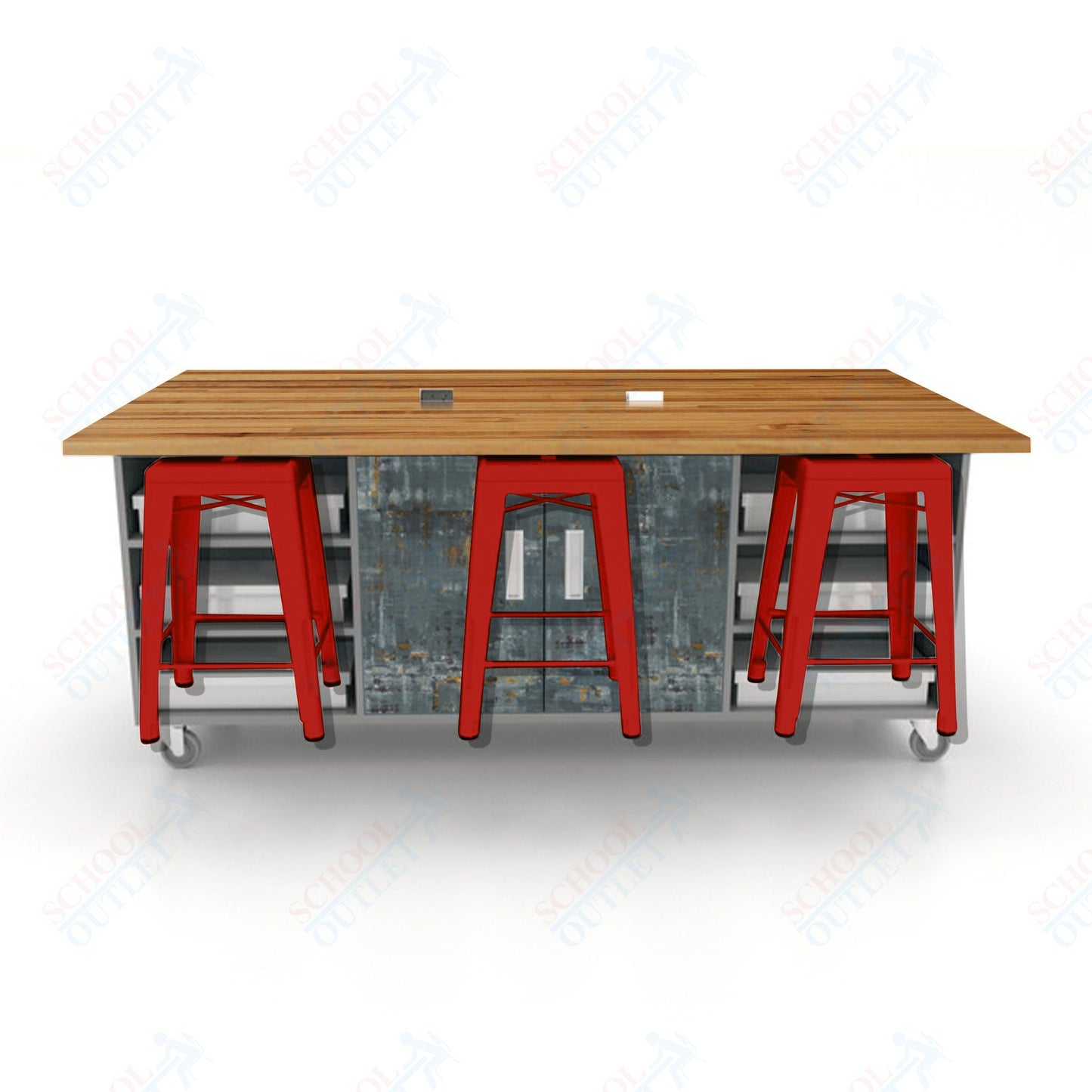 CEF ED Double Table 36"H Butcher Block Top, Laminate Base with  6 Stools, Storage bins, and Electrical Outlets Included.