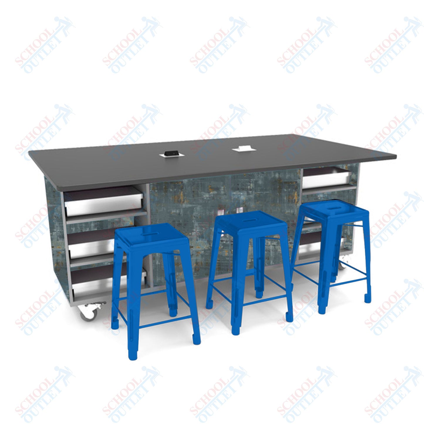 CEF ED Double Table 36"H Tough Top, Laminate Base with 6 Stools, Storage bins, and Electrical Outlets Included. - SchoolOutlet