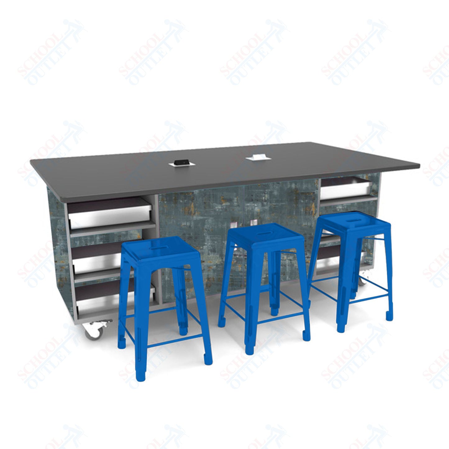 CEF ED Double Table 36"H Tough Top, Laminate Base with  6 Stools, Storage bins, and Electrical Outlets Included.