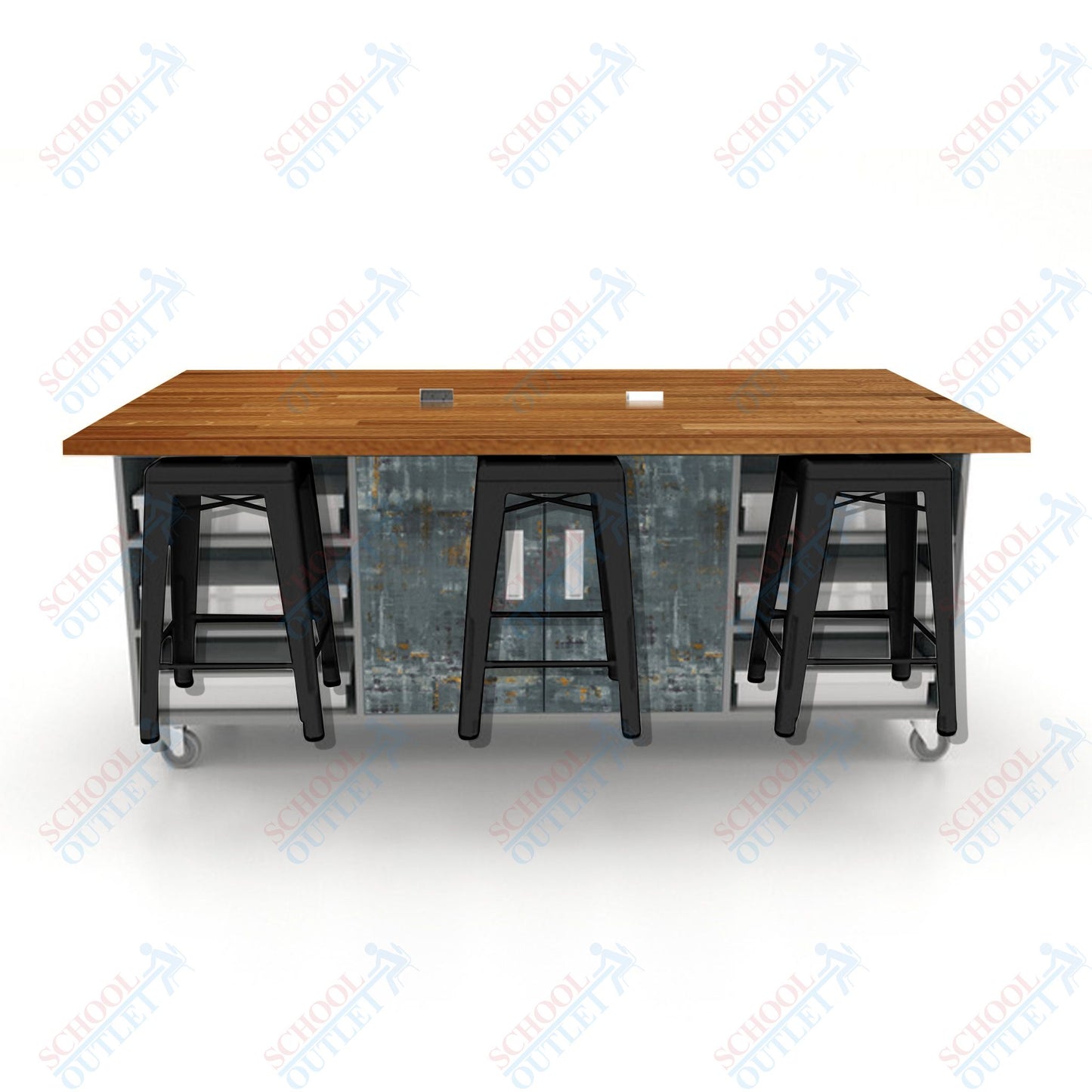 CEF ED Double Table 36"H Butcher Block Top, Laminate Base with  6 Stools, Storage bins, and Electrical Outlets Included.