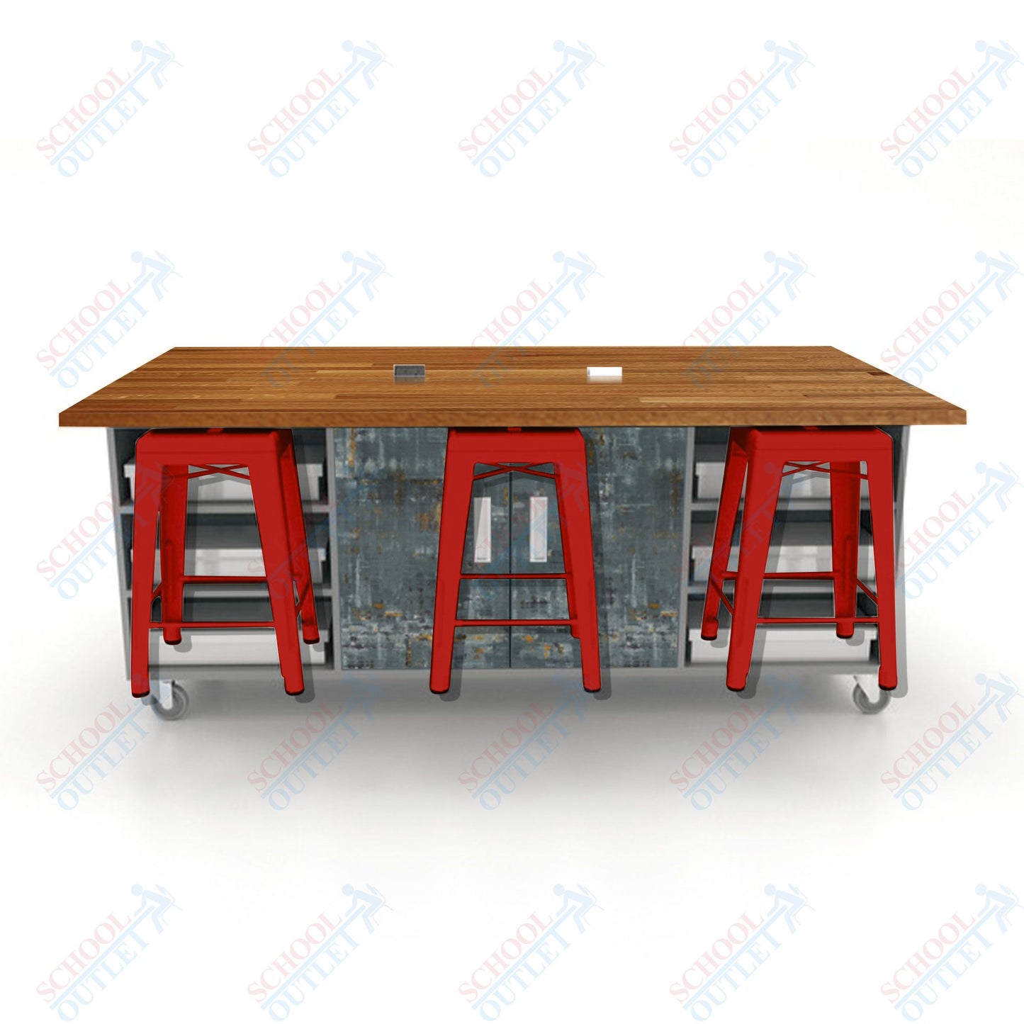 CEF ED Double Table 36"H Butcher Block Top, Laminate Base with  6 Stools, Storage bins, and Electrical Outlets Included.