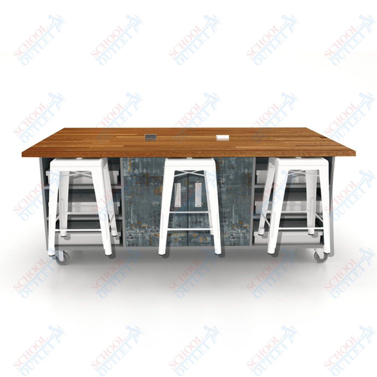 CEF ED Double Table 36"H Butcher Block Top, Laminate Base with  6 Stools, Storage bins, and Electrical Outlets Included.