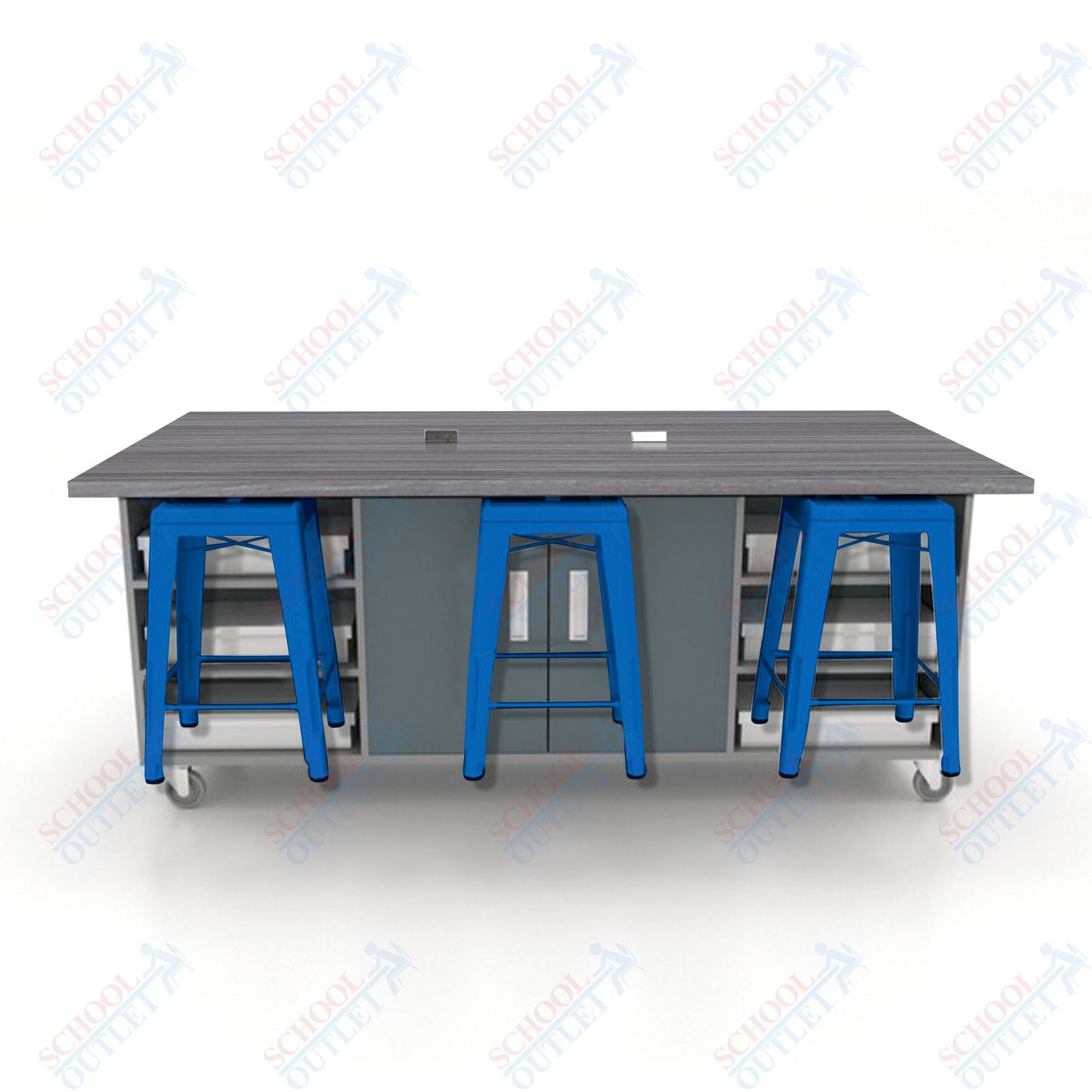 CEF ED Double Table 36"H High Pressure Laminate Top, Laminate Base with  6 Stools, Storage bins, and Electrical Outlets Included.