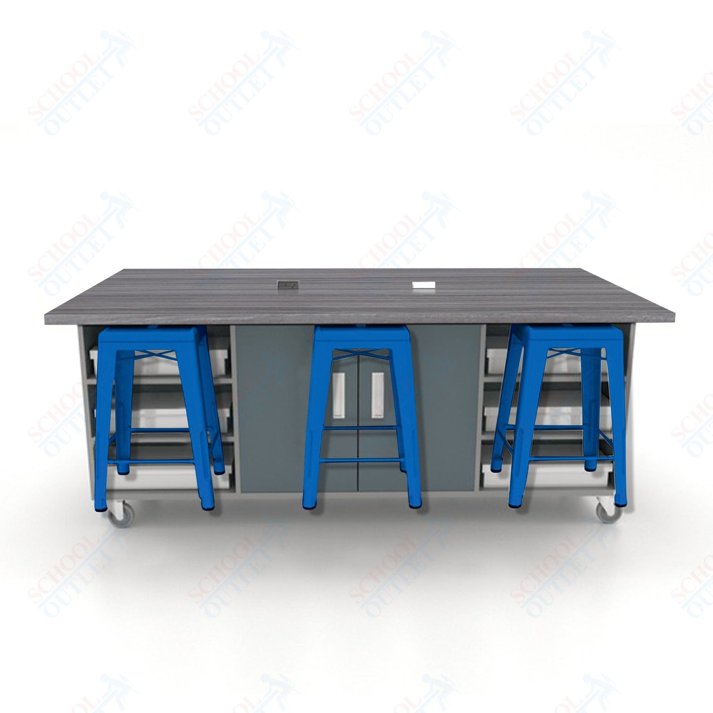 CEF ED Double Table 36"H High Pressure Laminate Top, Laminate Base with  6 Stools, Storage bins, and Electrical Outlets Included.
