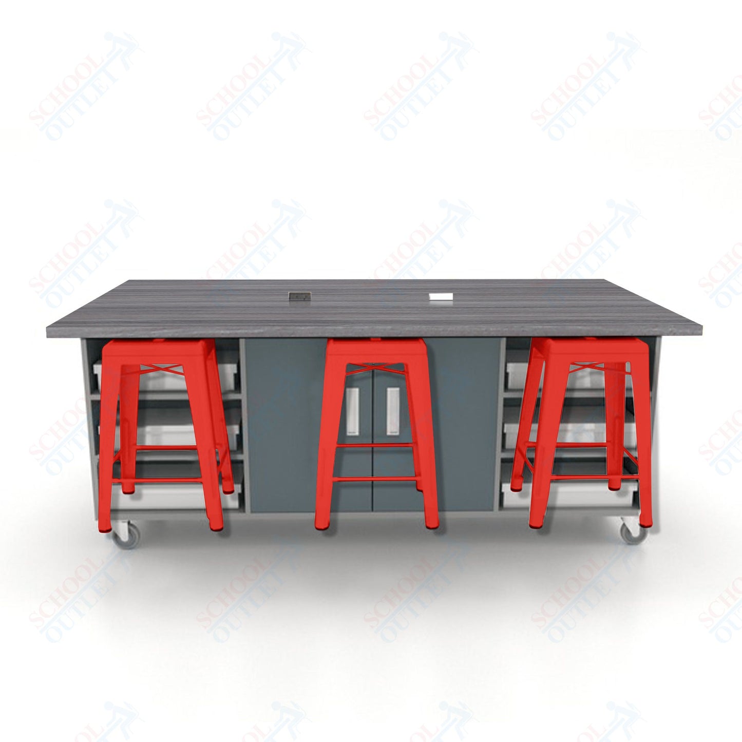 CEF ED Double Table 36"H High Pressure Laminate Top, Laminate Base with  6 Stools, Storage bins, and Electrical Outlets Included.