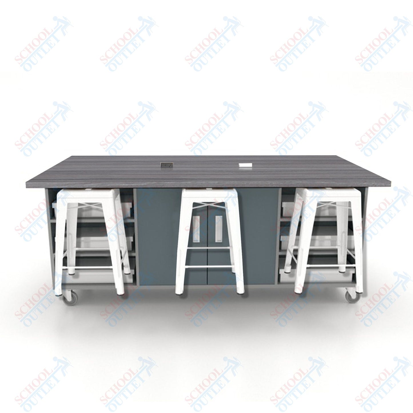 CEF ED Double Table 36"H High Pressure Laminate Top, Laminate Base with  6 Stools, Storage bins, and Electrical Outlets Included.