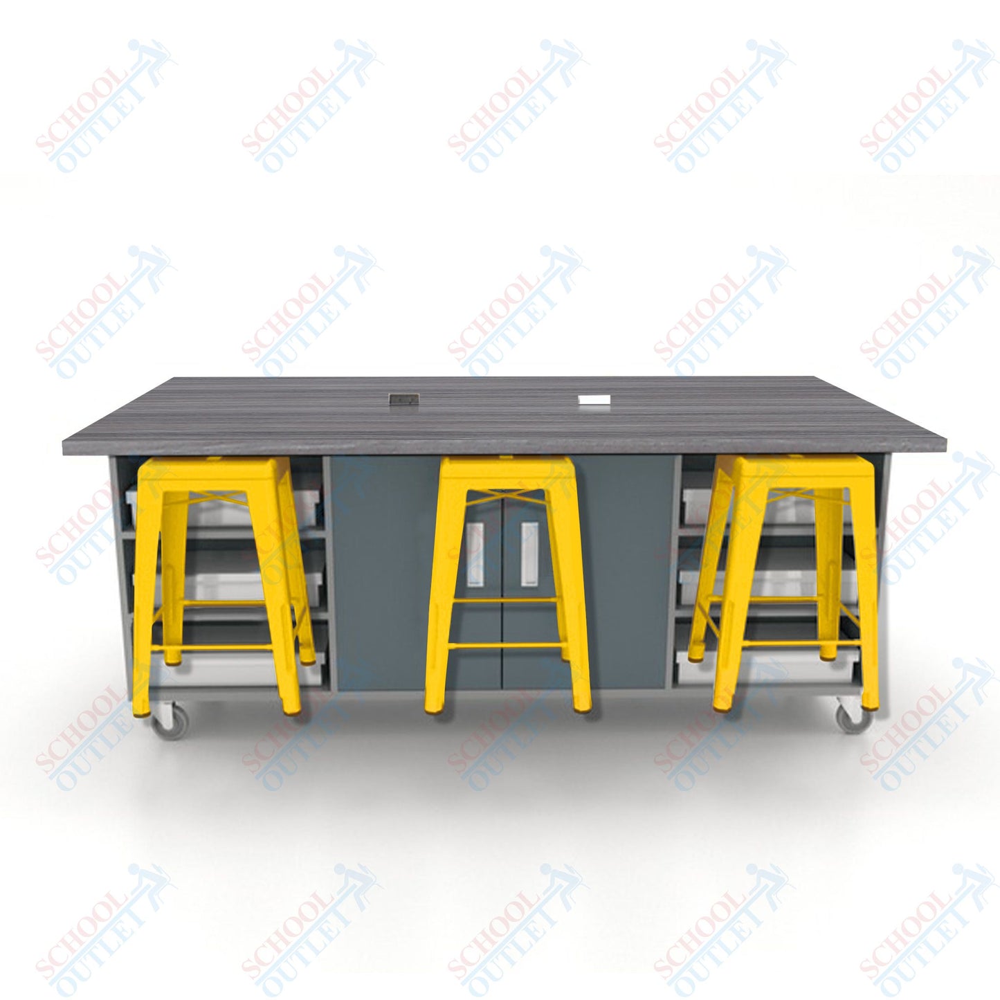 CEF ED Double Table 36"H High Pressure Laminate Top, Laminate Base with  6 Stools, Storage bins, and Electrical Outlets Included.