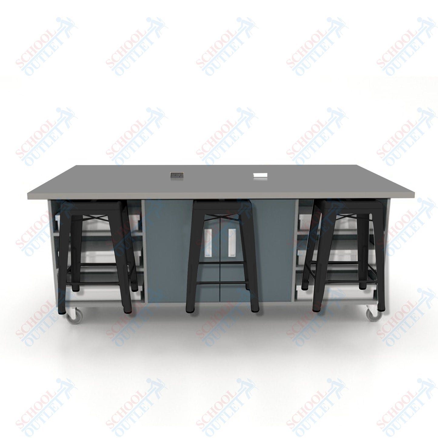 CEF ED Double Table 36"H High Pressure Laminate Top, Laminate Base with  6 Stools, Storage bins, and Electrical Outlets Included.