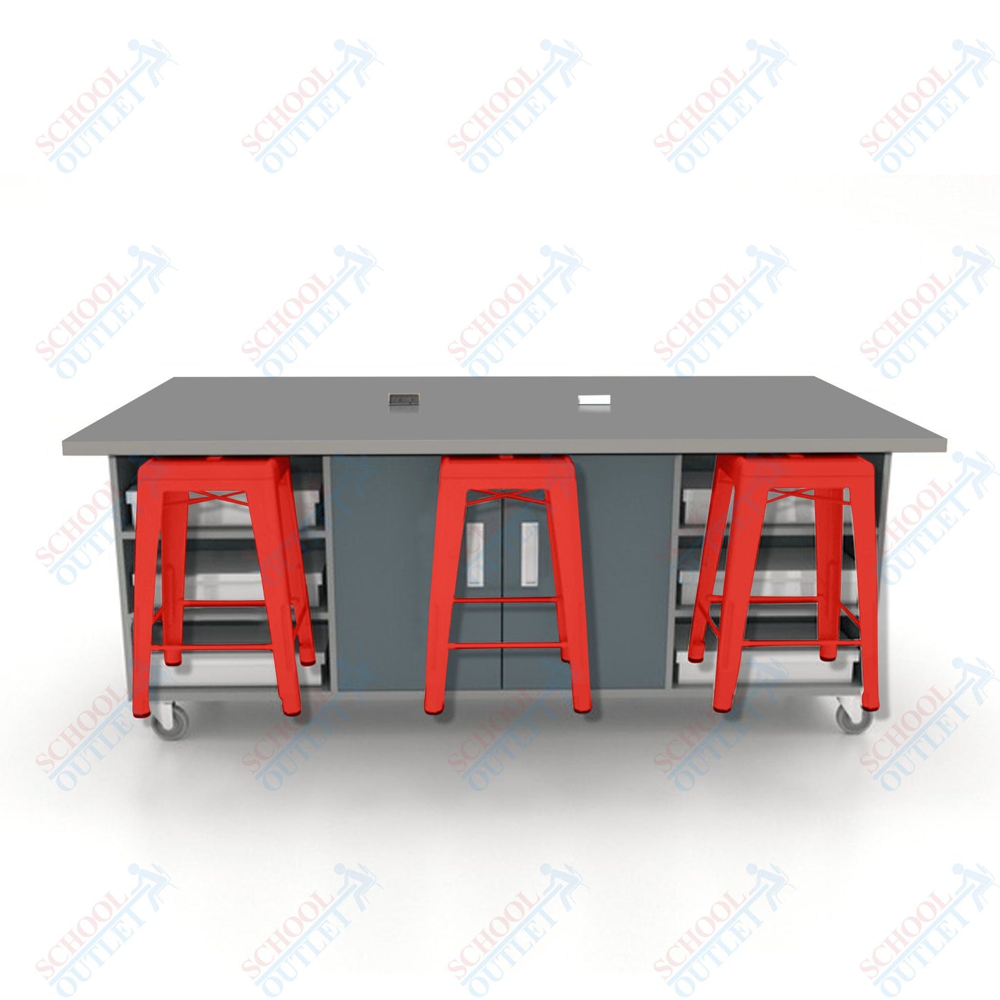 CEF ED Double Table 36"H High Pressure Laminate Top, Laminate Base with  6 Stools, Storage bins, and Electrical Outlets Included.