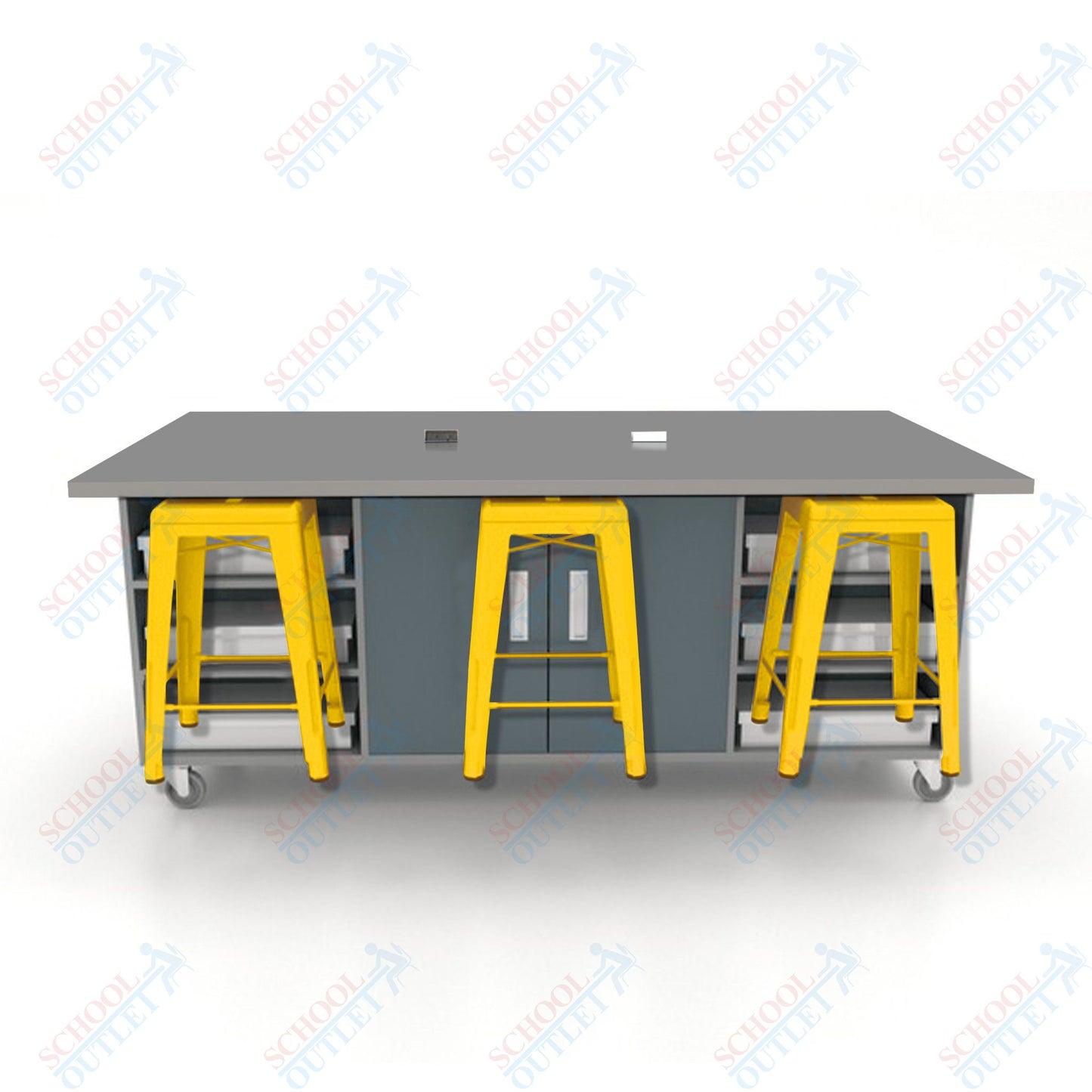 CEF ED Double Table 36"H High Pressure Laminate Top, Laminate Base with  6 Stools, Storage bins, and Electrical Outlets Included.