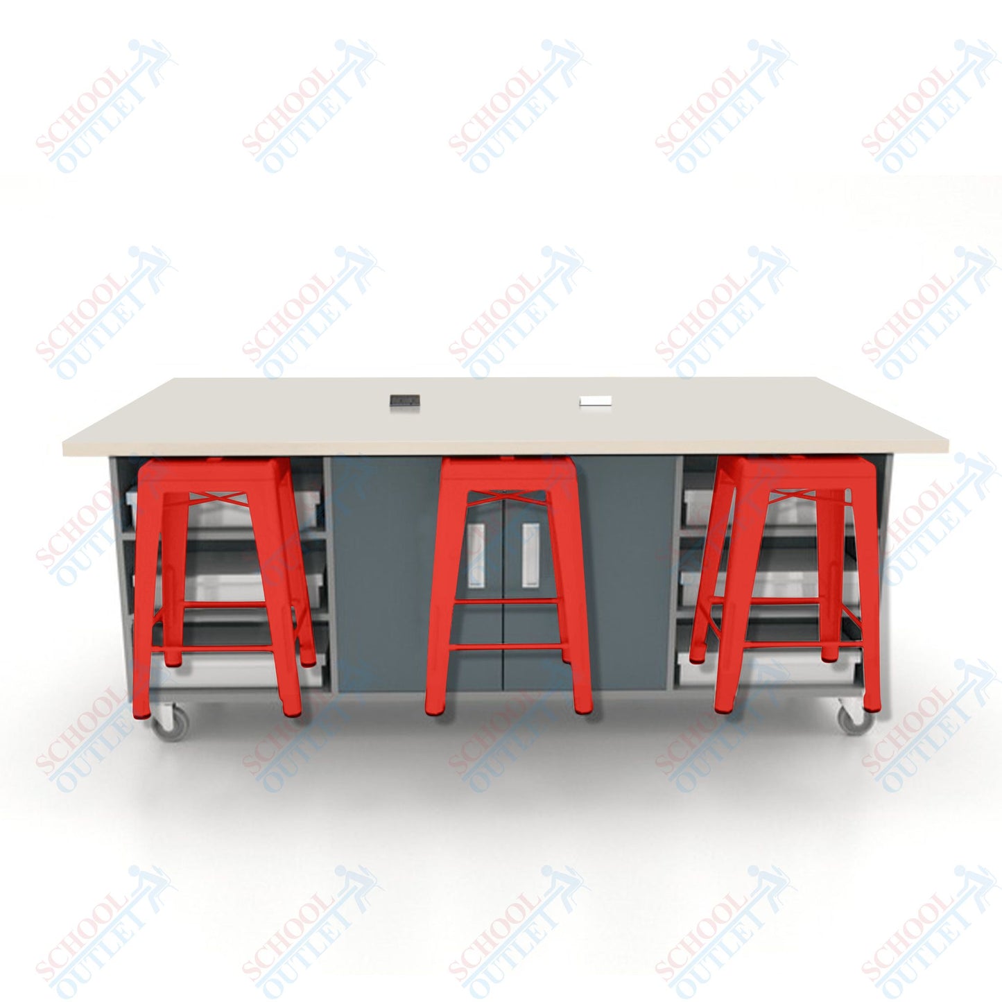 CEF ED Double Table 36"H High Pressure Laminate Top, Laminate Base with  6 Stools, Storage bins, and Electrical Outlets Included.