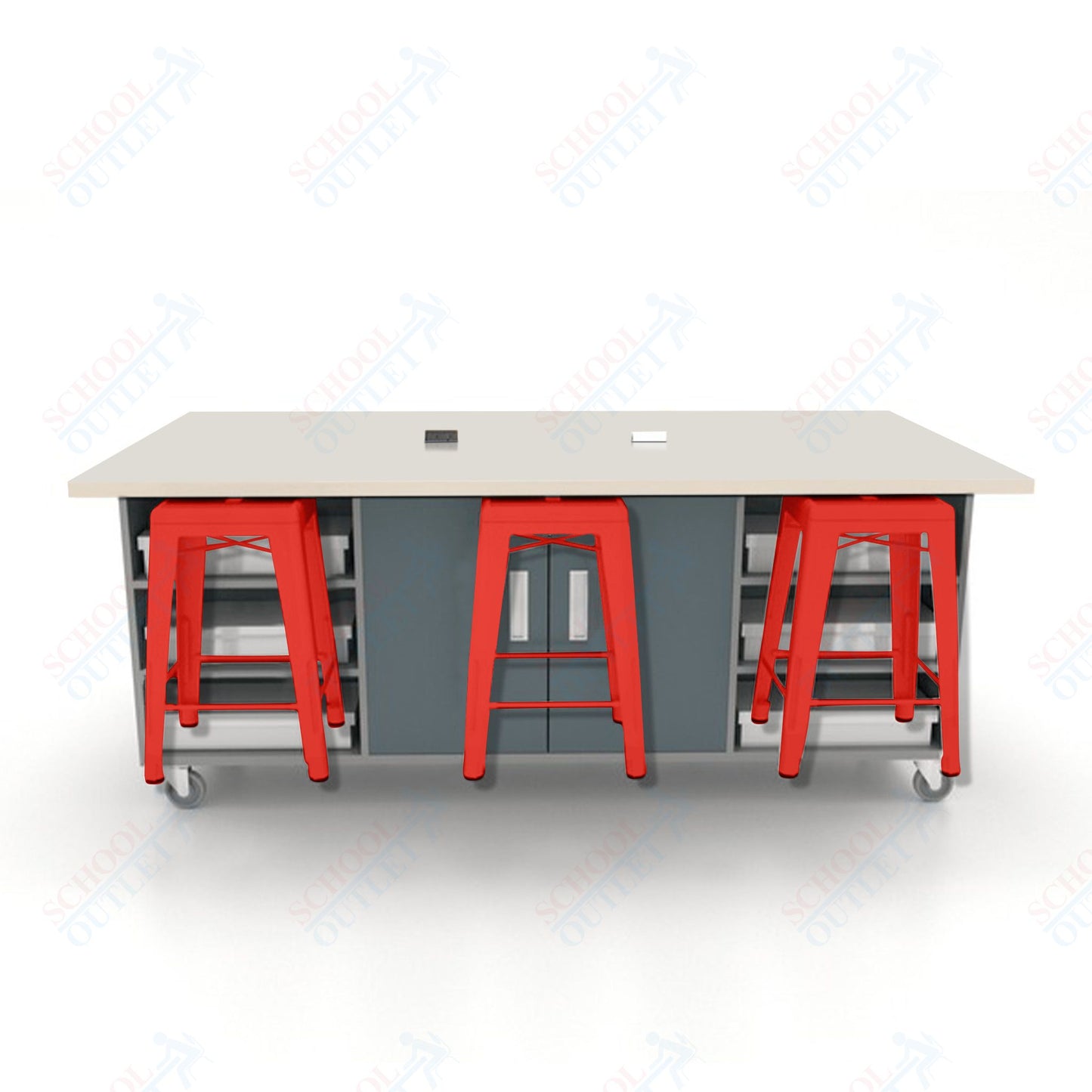 CEF ED Double Table 36"H High Pressure Laminate Top, Laminate Base with  6 Stools, Storage bins, and Electrical Outlets Included.