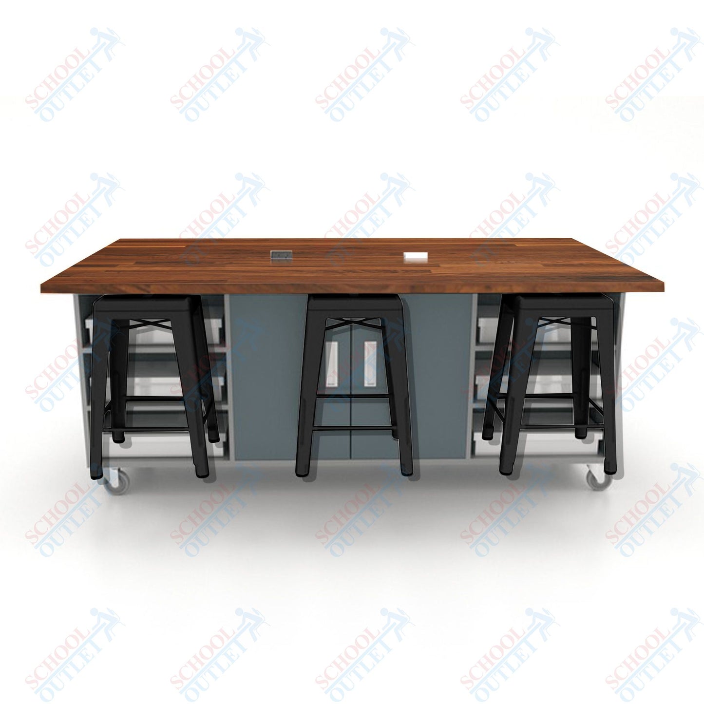 CEF ED Double Table 36"H Butcher Block Top, Laminate Base with  6 Stools, Storage bins, and Electrical Outlets Included.