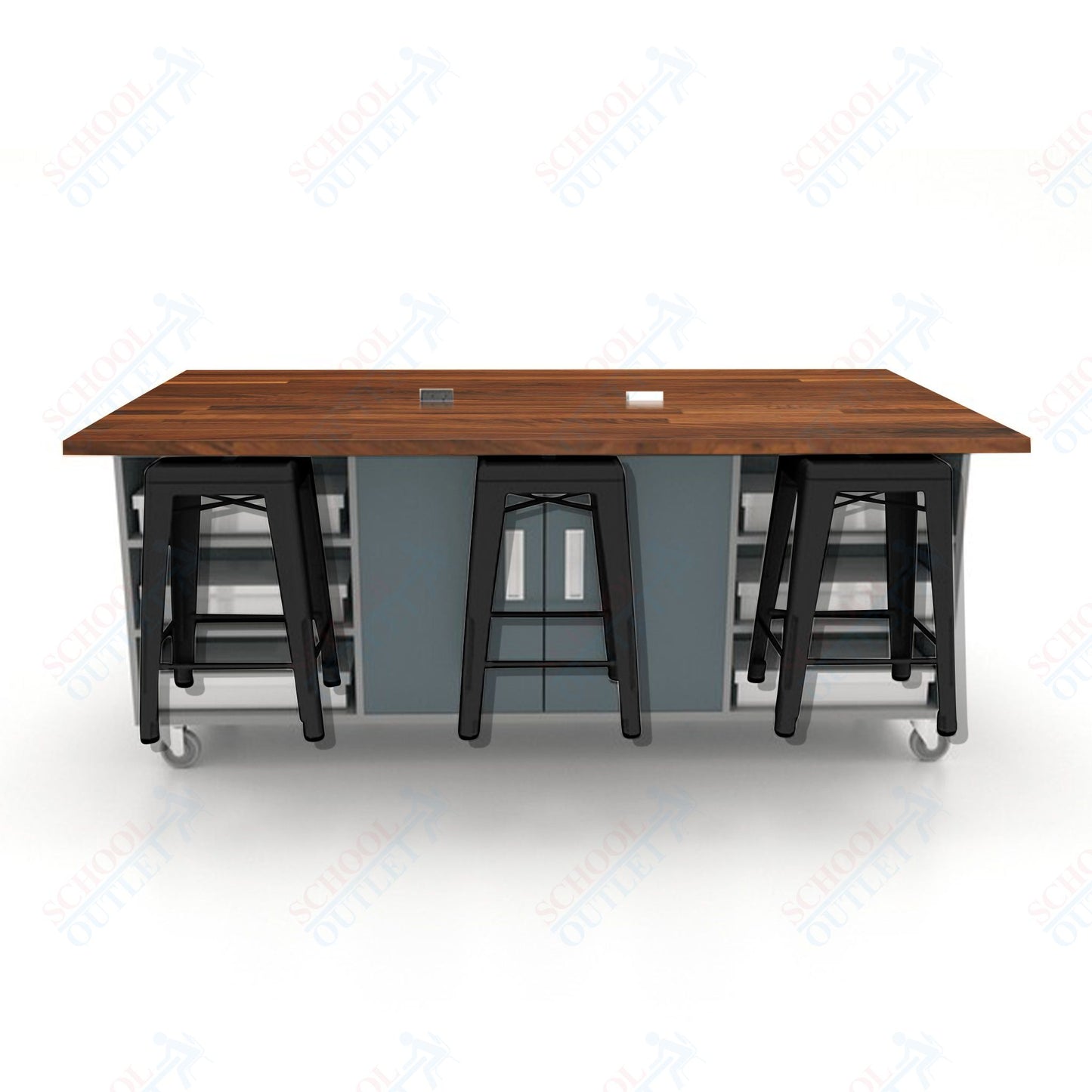 CEF ED Double Table 36"H Butcher Block Top, Laminate Base with  6 Stools, Storage bins, and Electrical Outlets Included.