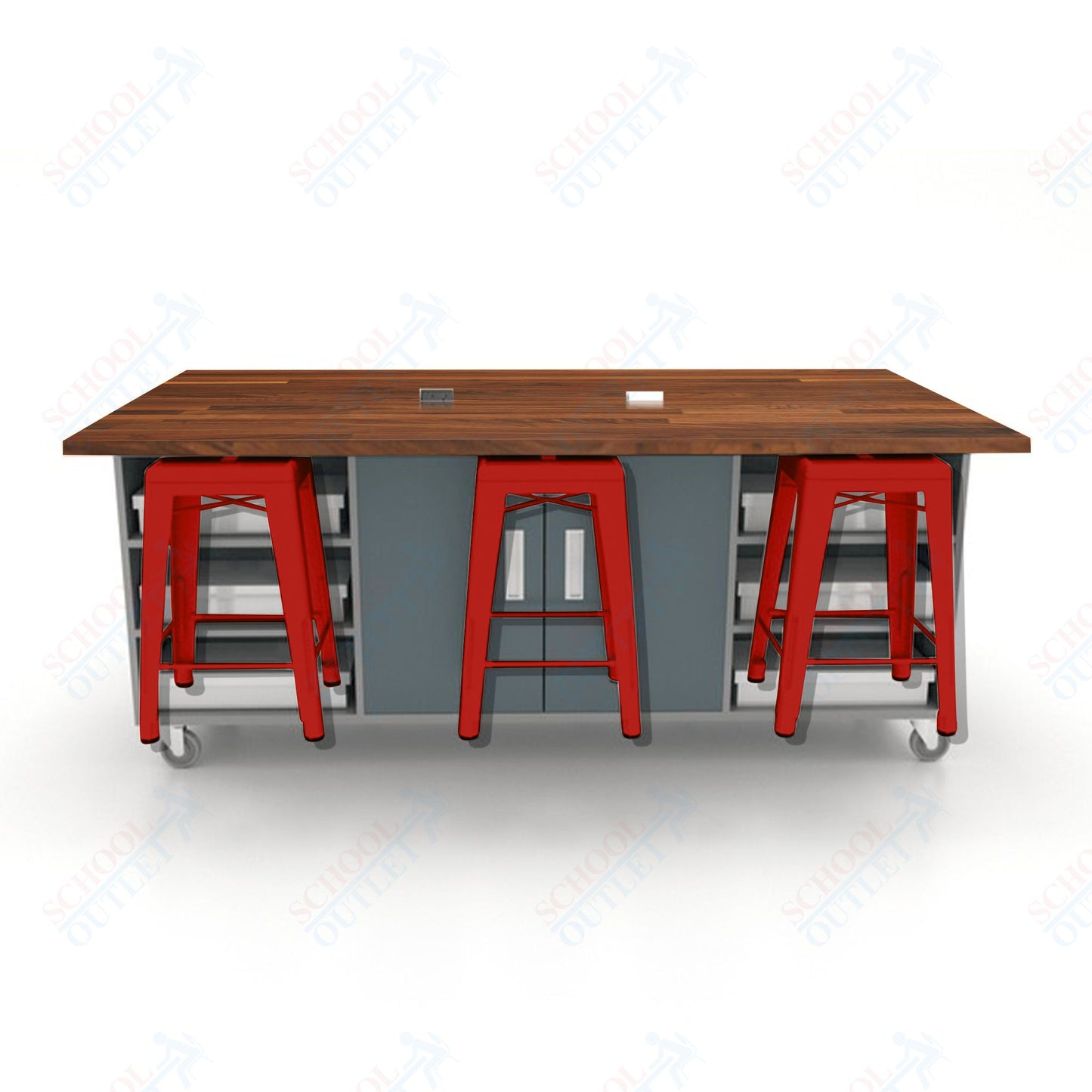 CEF ED Double Table 36"H Butcher Block Top, Laminate Base with  6 Stools, Storage bins, and Electrical Outlets Included.