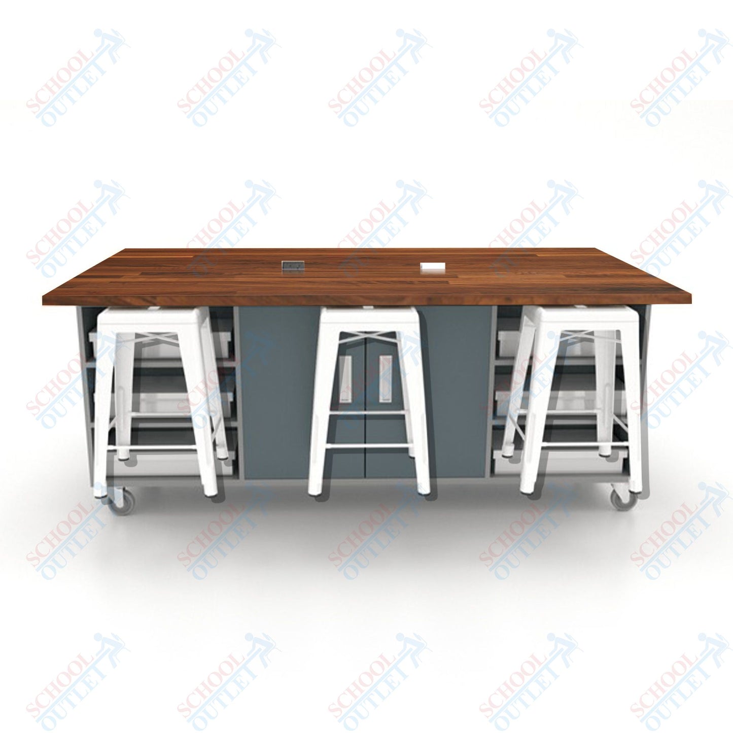 CEF ED Double Table 36"H Butcher Block Top, Laminate Base with  6 Stools, Storage bins, and Electrical Outlets Included.