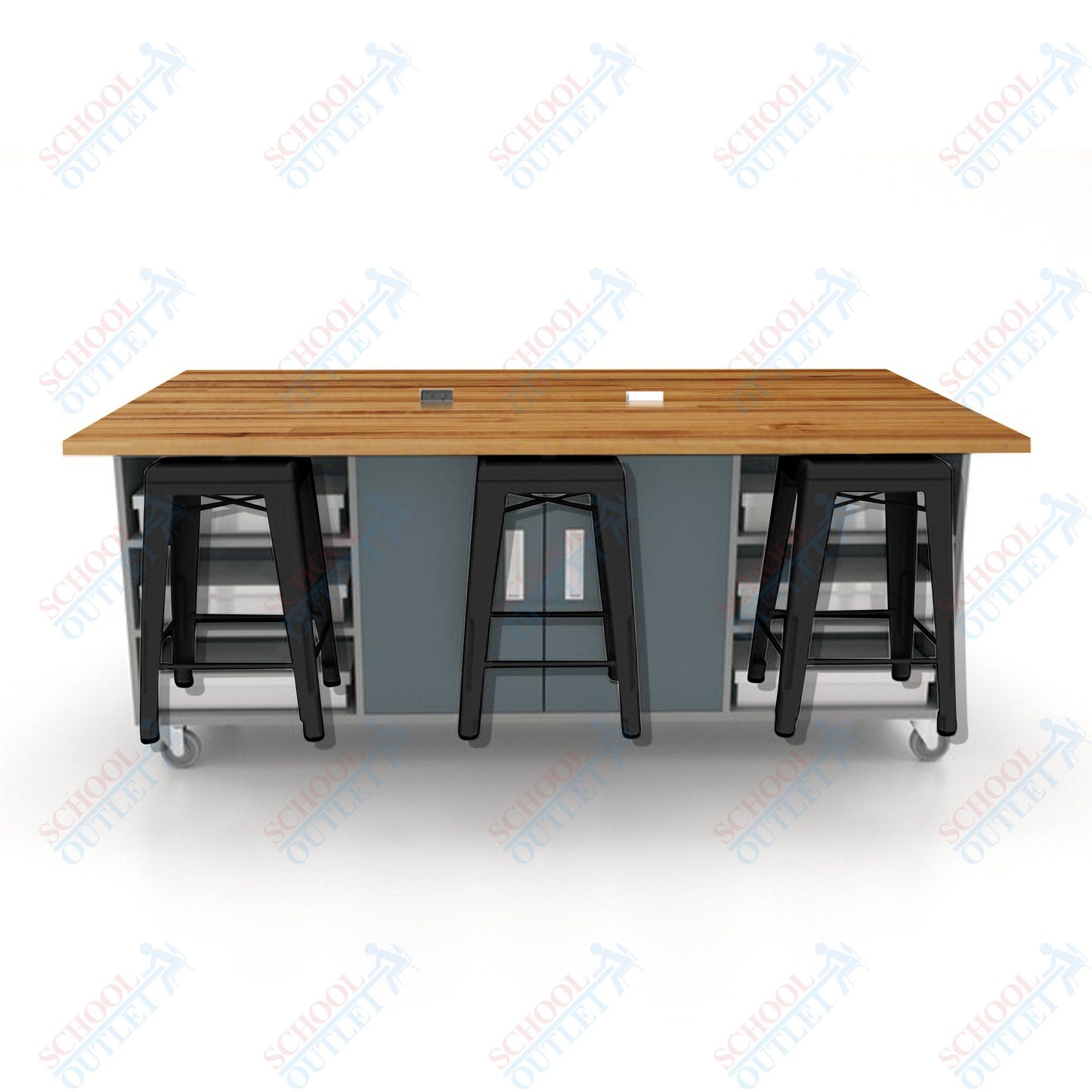 CEF ED Double Table 36"H Butcher Block Top, Laminate Base with  6 Stools, Storage bins, and Electrical Outlets Included.