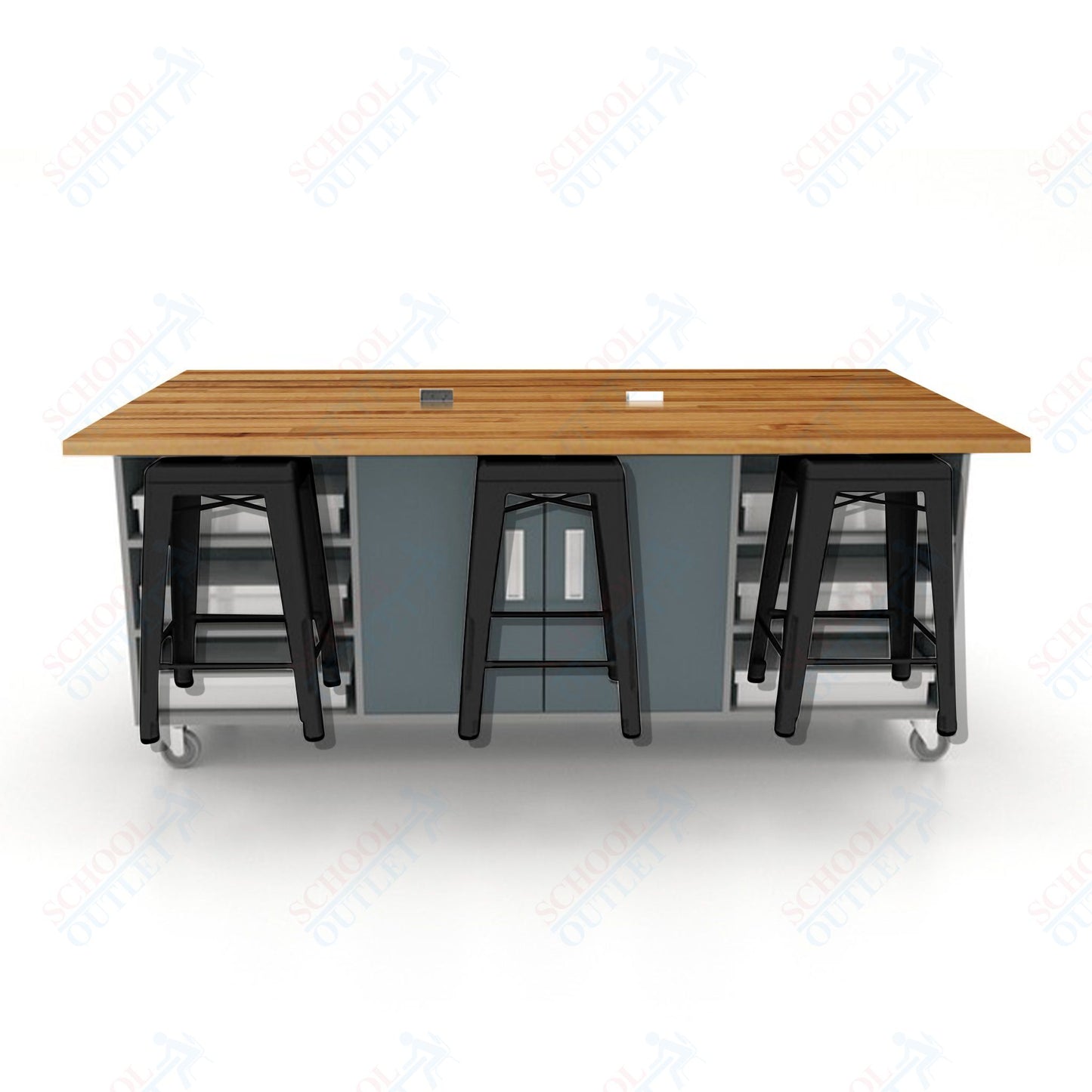 CEF ED Double Table 36"H Butcher Block Top, Laminate Base with  6 Stools, Storage bins, and Electrical Outlets Included.