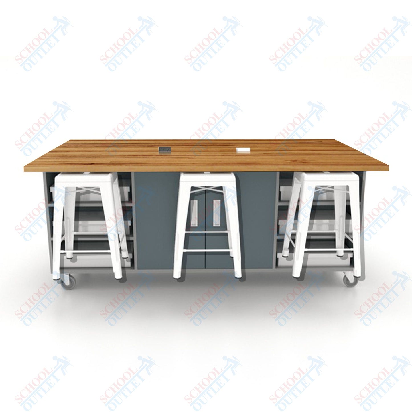 CEF ED Double Table 36"H Butcher Block Top, Laminate Base with  6 Stools, Storage bins, and Electrical Outlets Included.