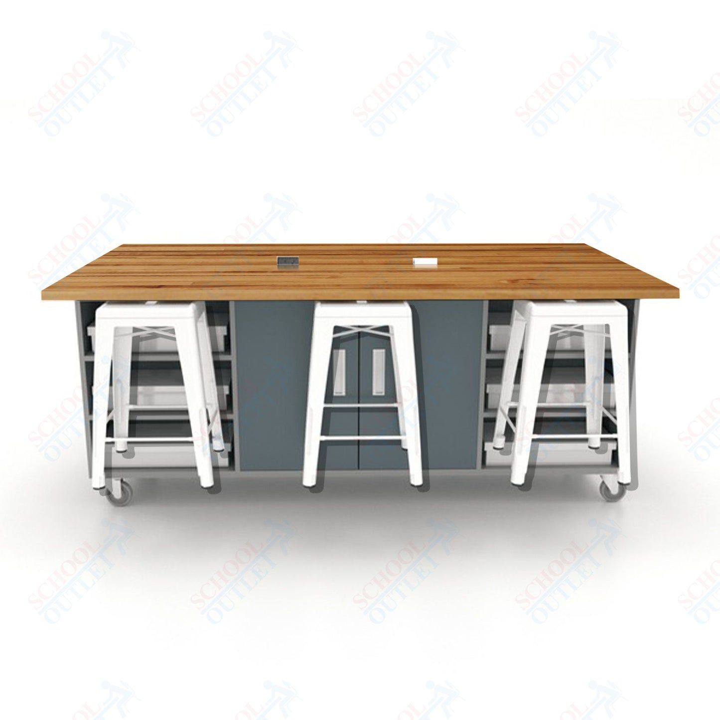 CEF ED Double Table 36"H Butcher Block Top, Laminate Base with  6 Stools, Storage bins, and Electrical Outlets Included.