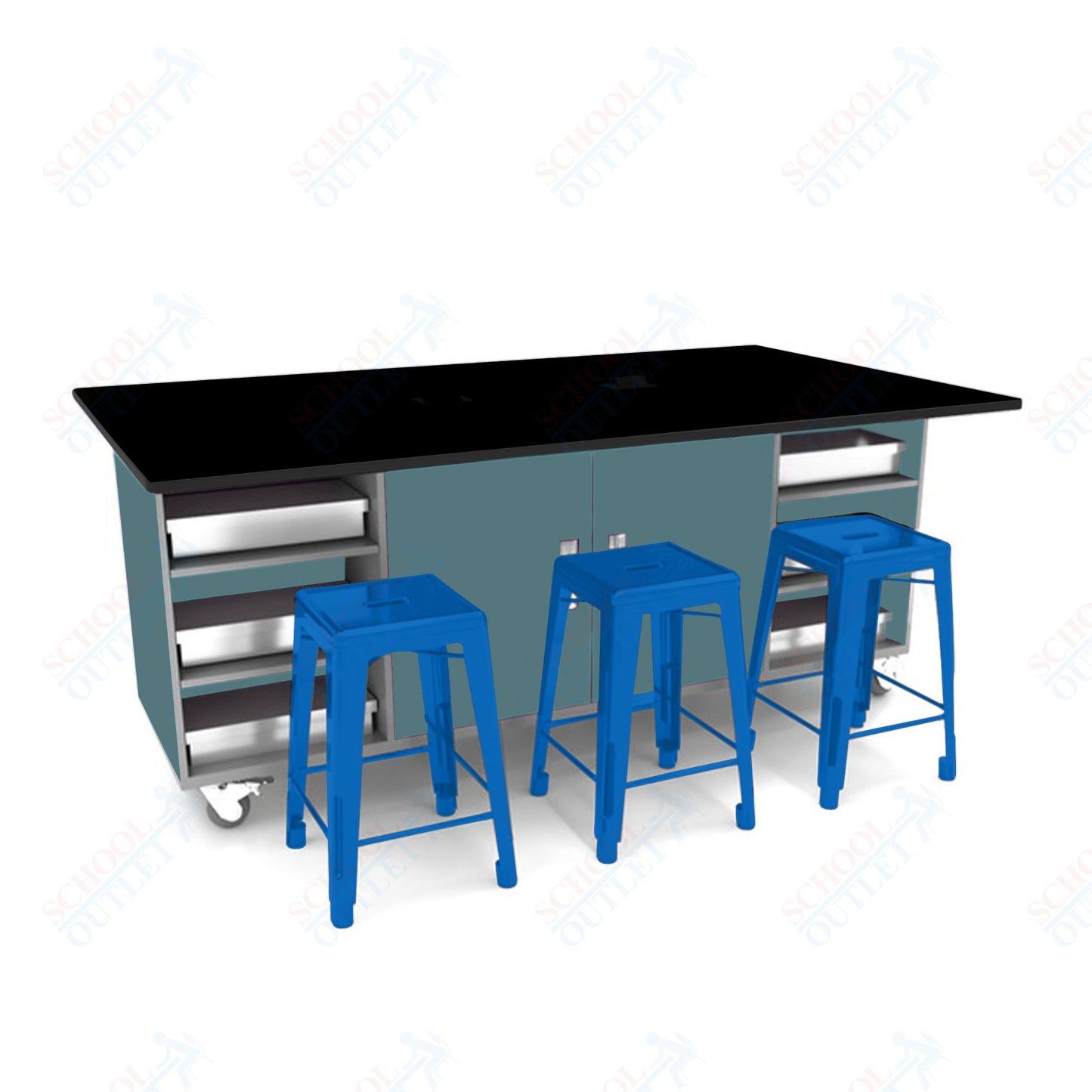 CEF ED Double Table 36"H Tough Top, Laminate Base with  6 Stools, Storage bins, and Electrical Outlets Included.