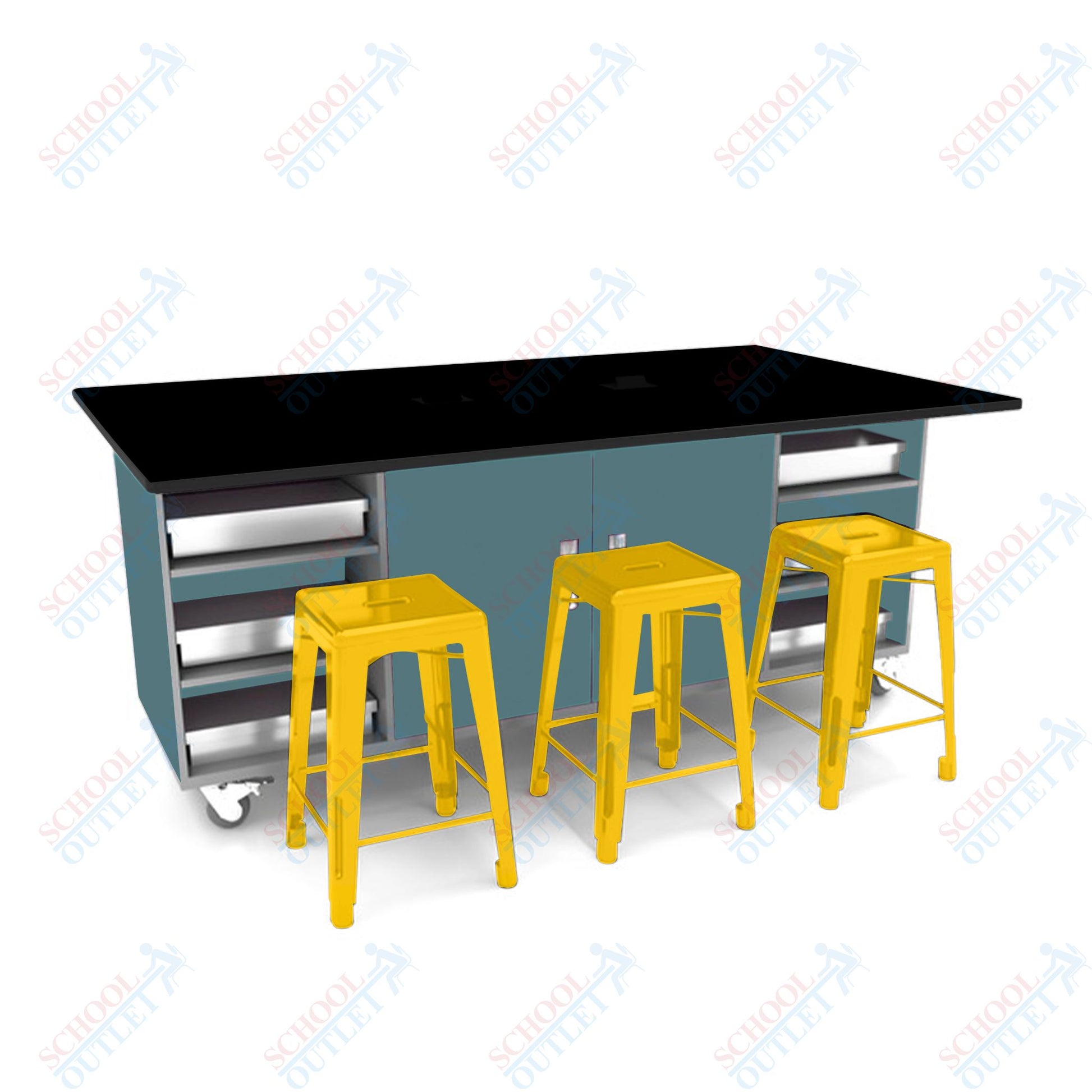 CEF ED Double Table 36"H Tough Top, Laminate Base with 6 Stools, Storage bins, and Electrical Outlets Included. - SchoolOutlet