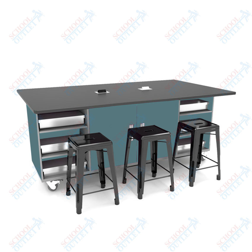 CEF ED Double Table 36"H Tough Top, Laminate Base with 6 Stools, Storage bins, and Electrical Outlets Included. - SchoolOutlet