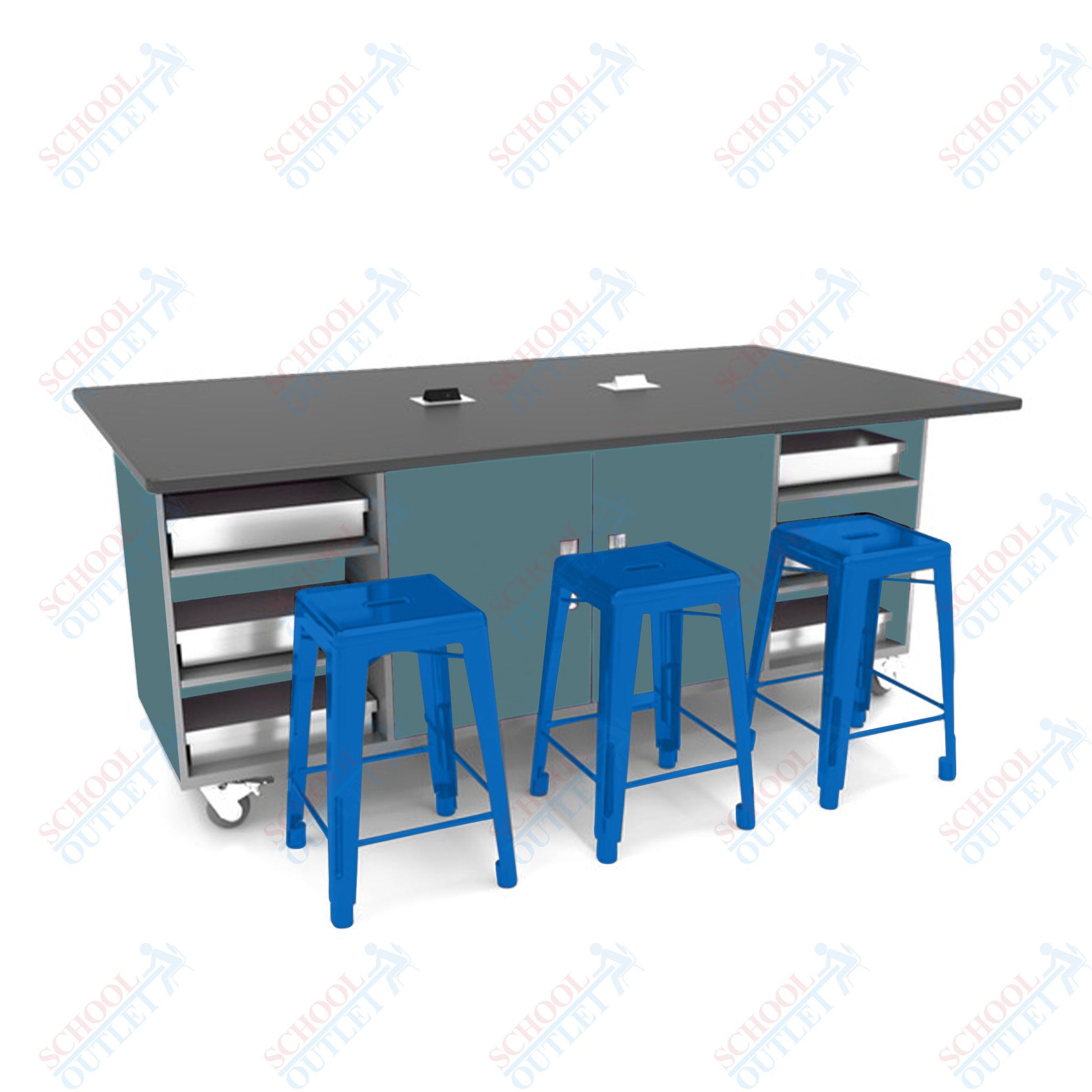 CEF ED Double Table 36"H Tough Top, Laminate Base with 6 Stools, Storage bins, and Electrical Outlets Included. - SchoolOutlet