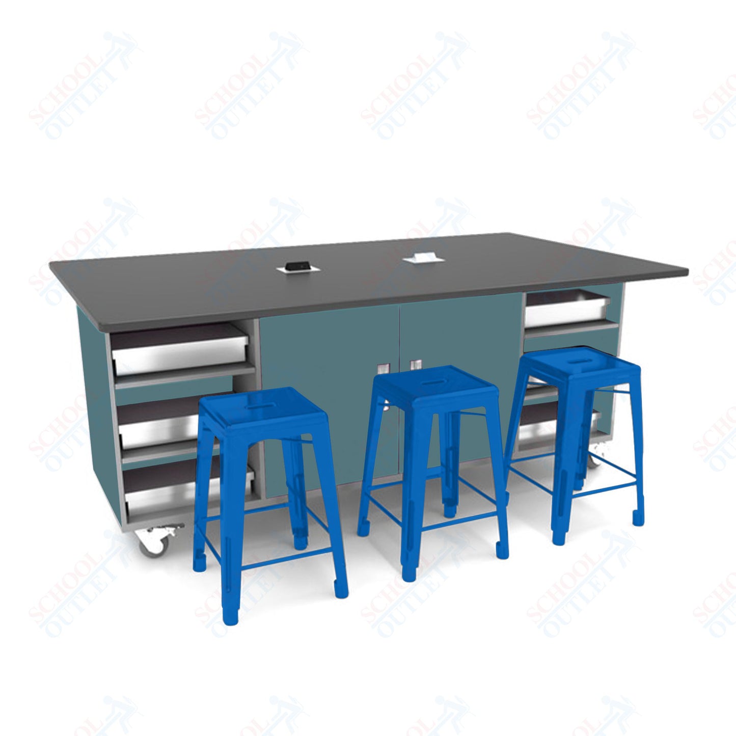 CEF ED Double Table 36"H Tough Top, Laminate Base with  6 Stools, Storage bins, and Electrical Outlets Included.