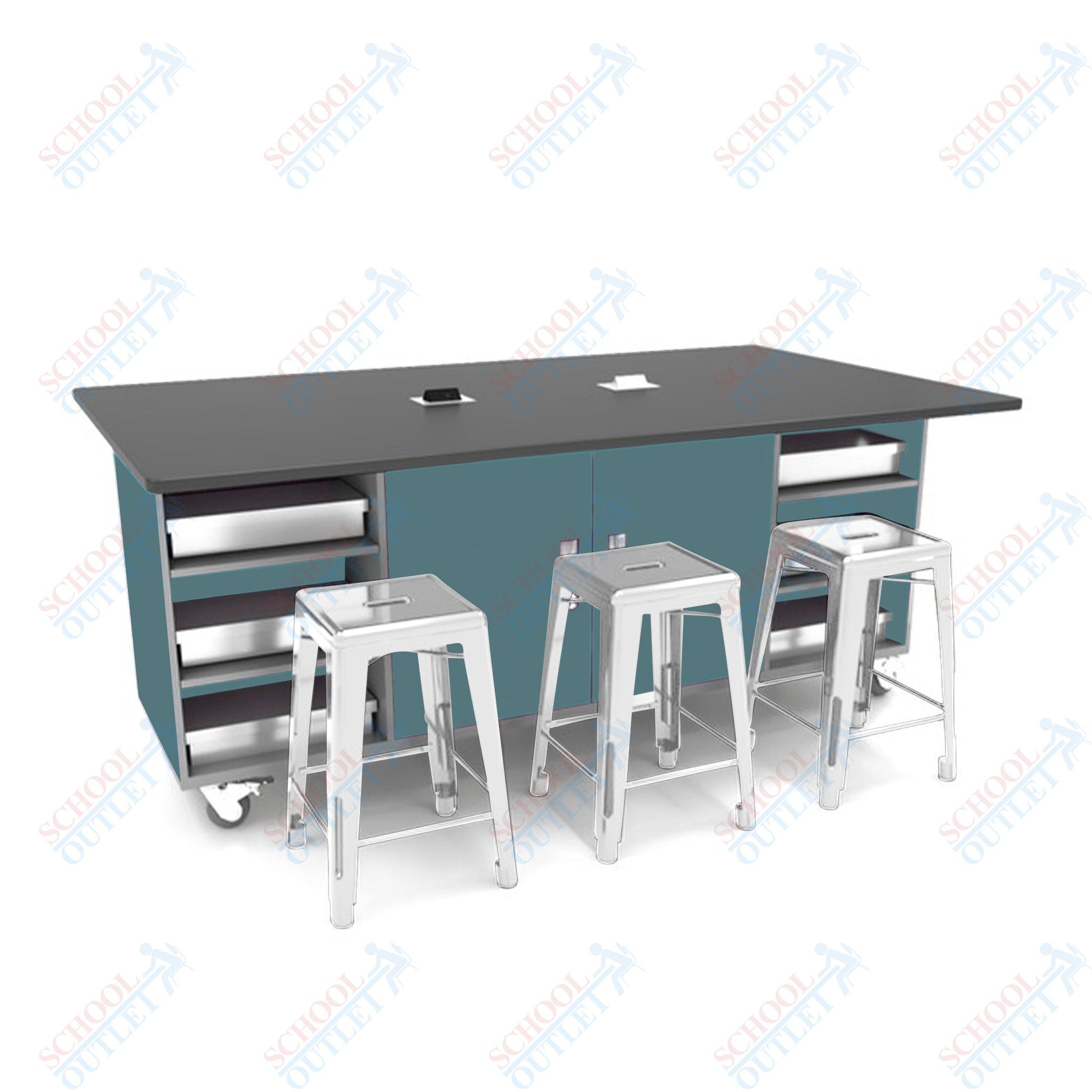 CEF ED Double Table 36"H Tough Top, Laminate Base with 6 Stools, Storage bins, and Electrical Outlets Included. - SchoolOutlet