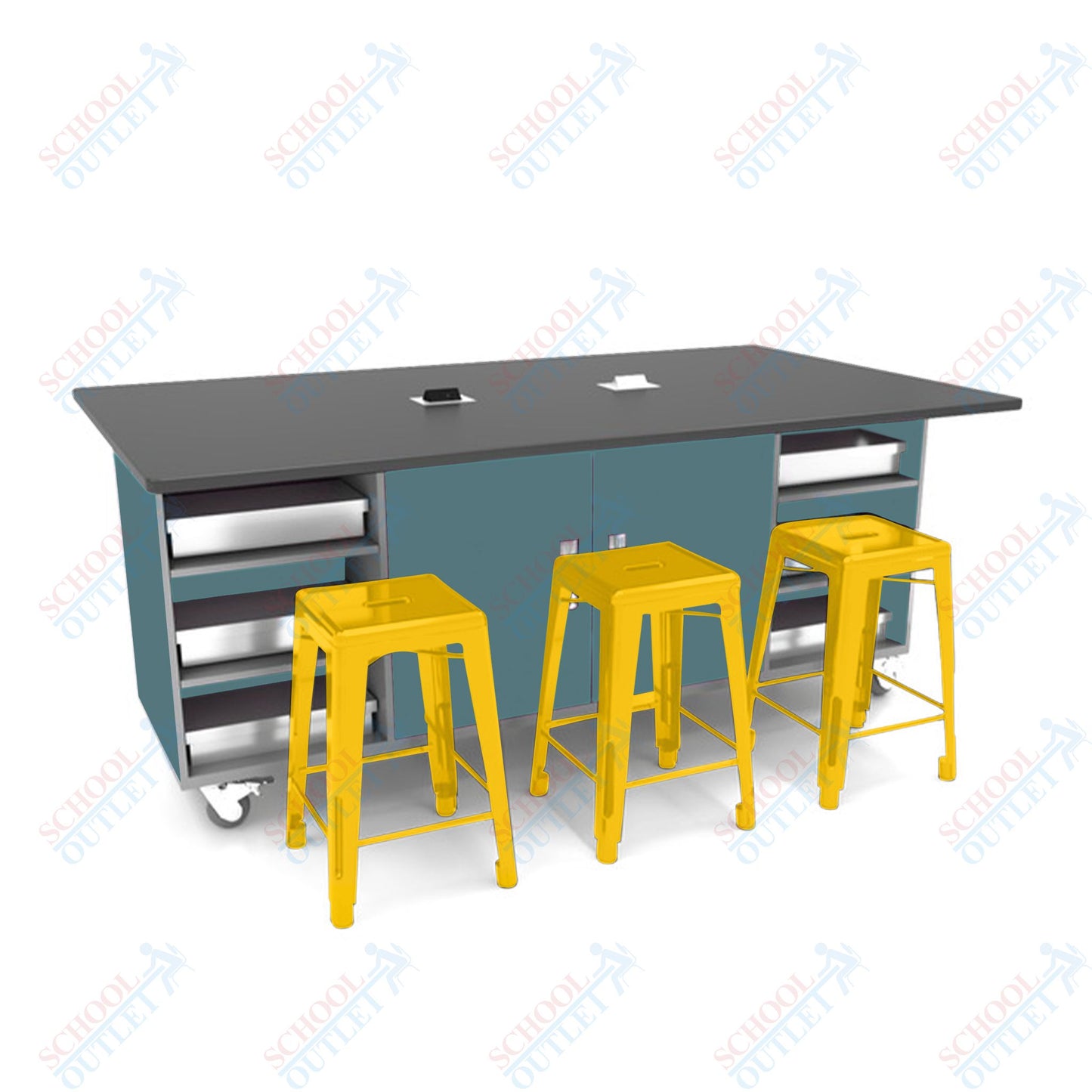 CEF ED Double Table 36"H Tough Top, Laminate Base with 6 Stools, Storage bins, and Electrical Outlets Included. - SchoolOutlet