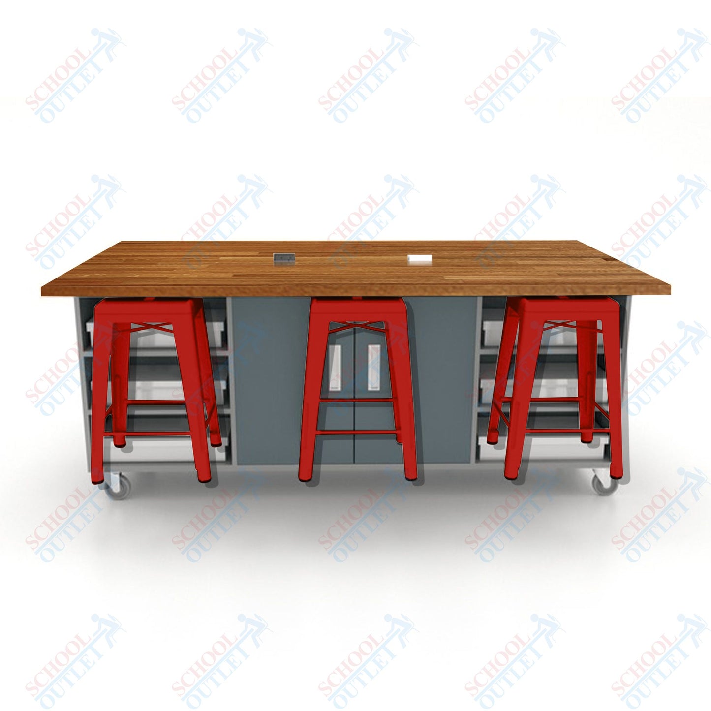 CEF ED Double Table 36"H Butcher Block Top, Laminate Base with  6 Stools, Storage bins, and Electrical Outlets Included.