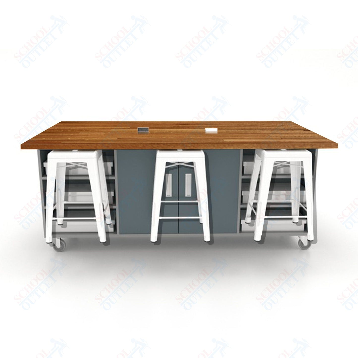 CEF ED Double Table 36"H Butcher Block Top, Laminate Base with  6 Stools, Storage bins, and Electrical Outlets Included.