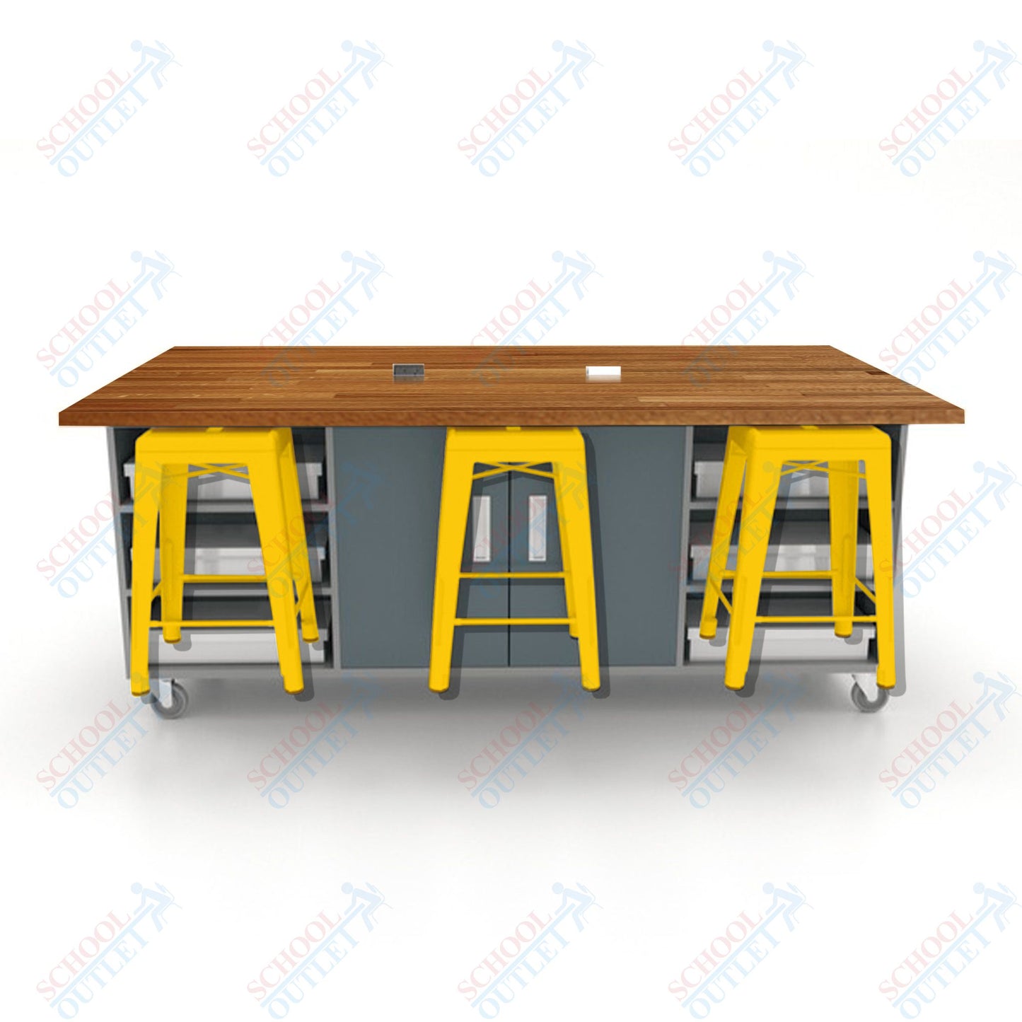 CEF ED Double Table 36"H Butcher Block Top, Laminate Base with  6 Stools, Storage bins, and Electrical Outlets Included.