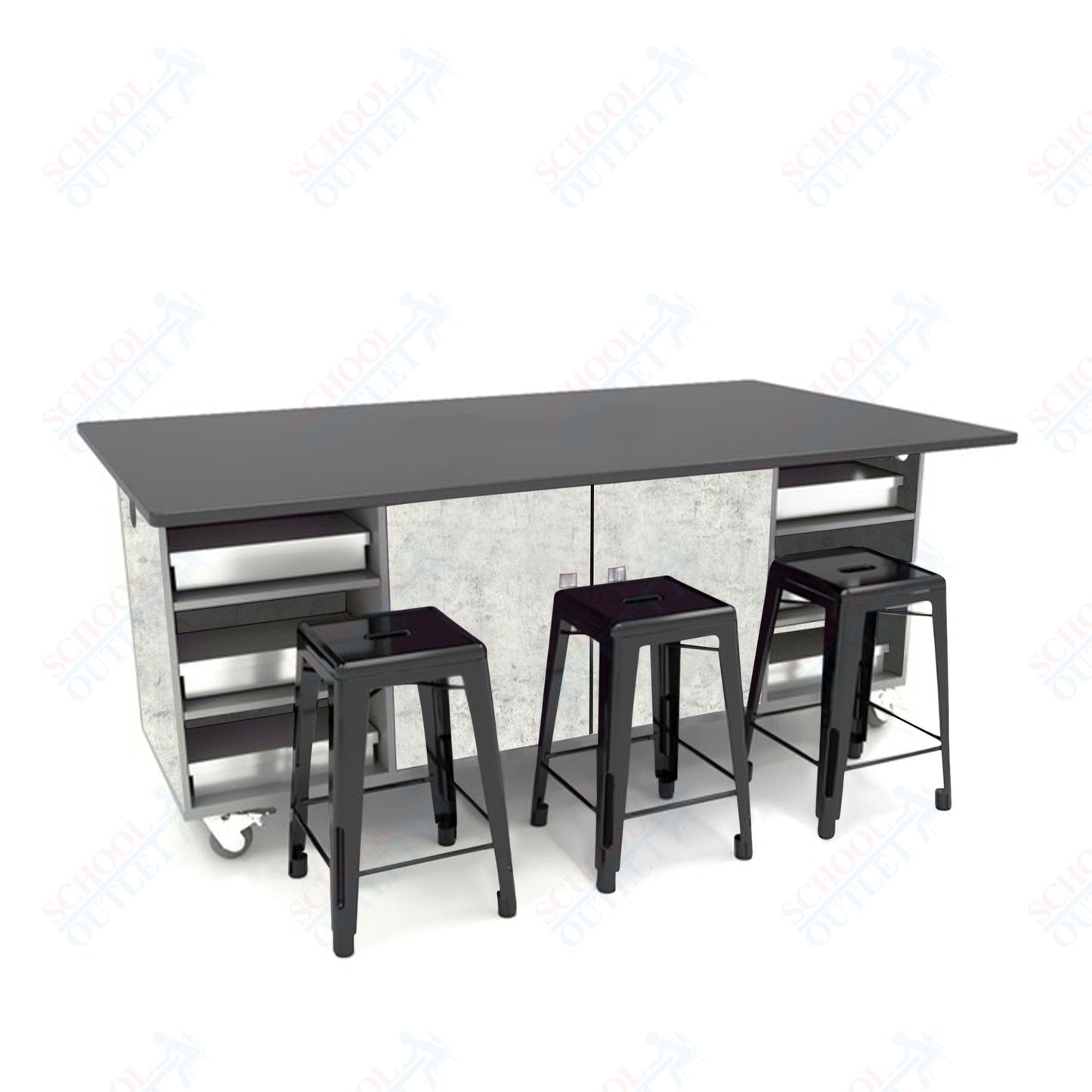 CEF ED Double Table 42"H Chemical Resistant Top, Laminate Base with  6 Stools, Storage bins, and Electrical Outlets Included.