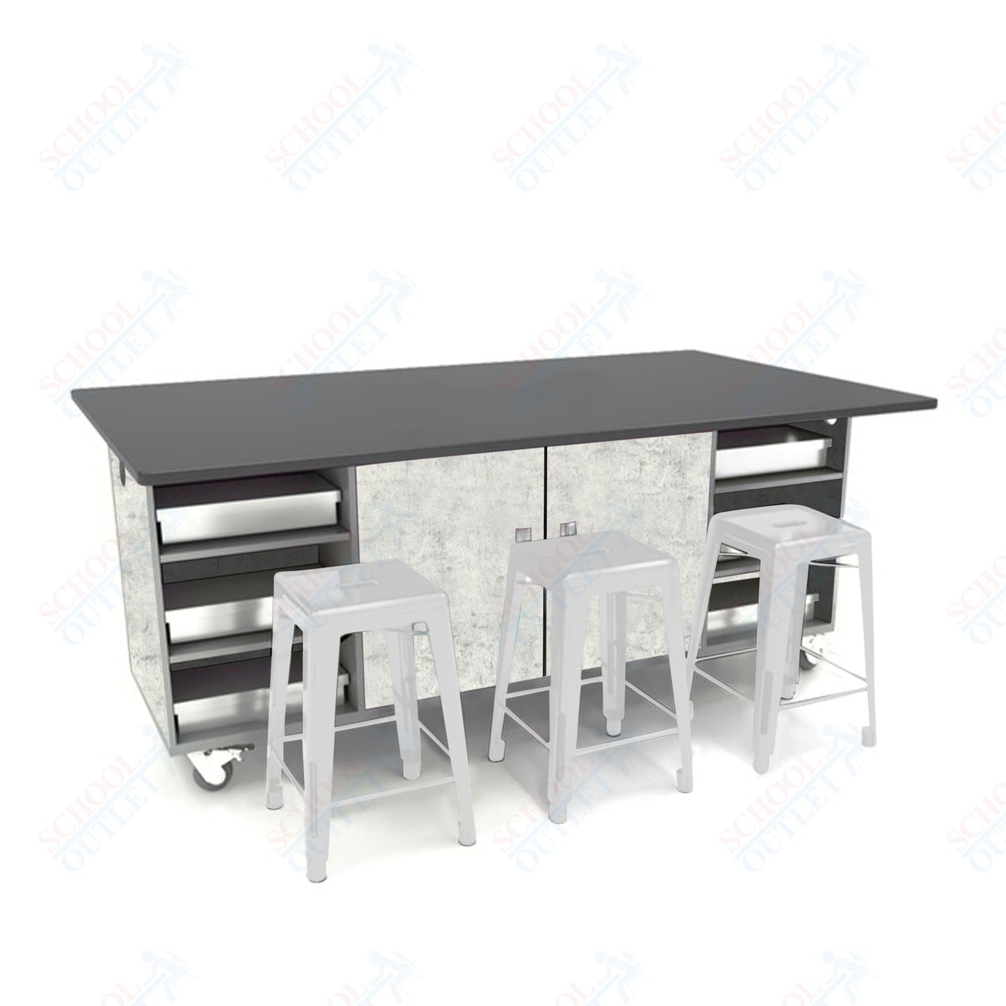 CEF ED Double Table 42"H Chemical Resistant Top, Laminate Base with  6 Stools, Storage bins, and Electrical Outlets Included.