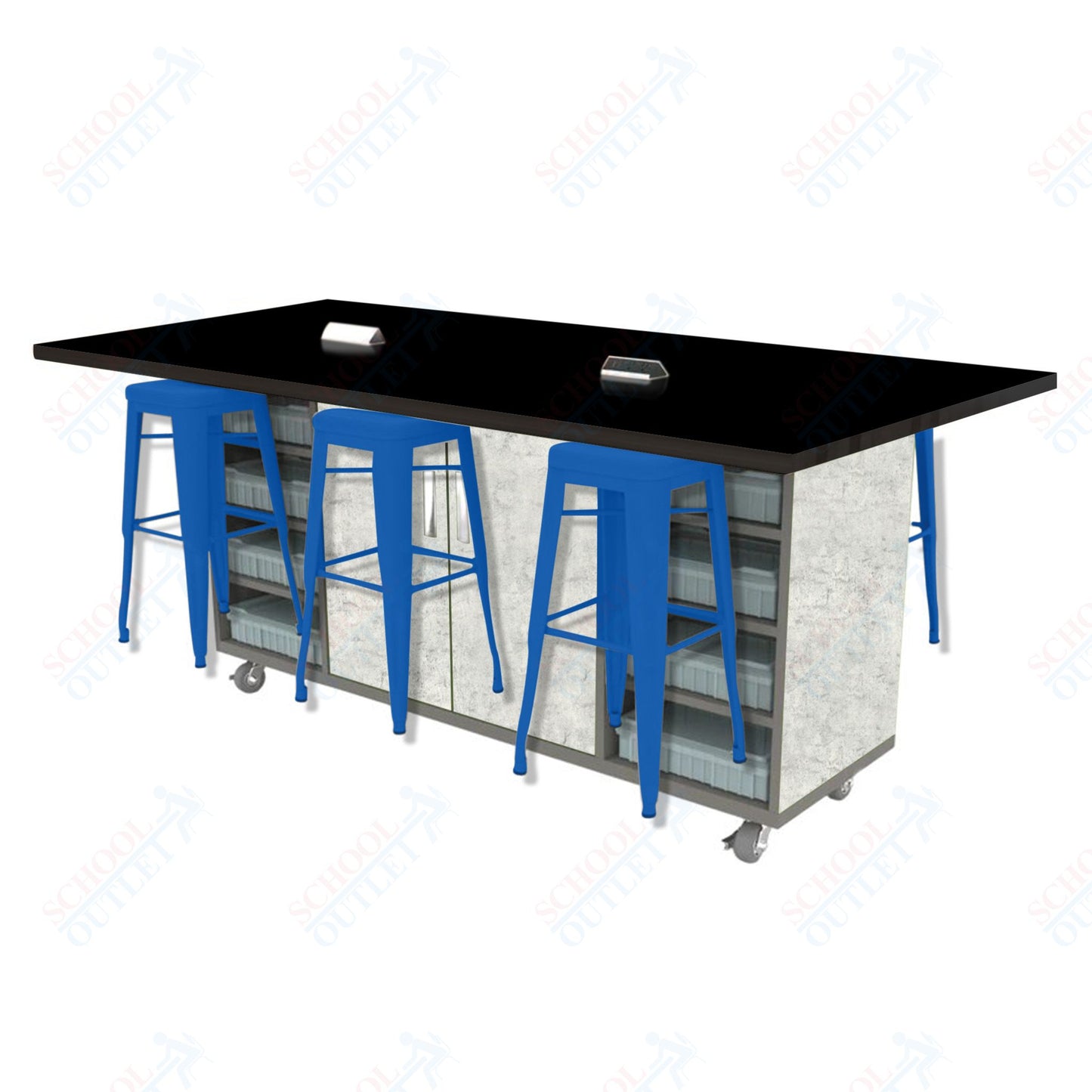 CEF ED Double Table 42"H High Pressure Laminate Top, Laminate Base with  6 Stools, Storage bins, and Electrical Outlets Included.