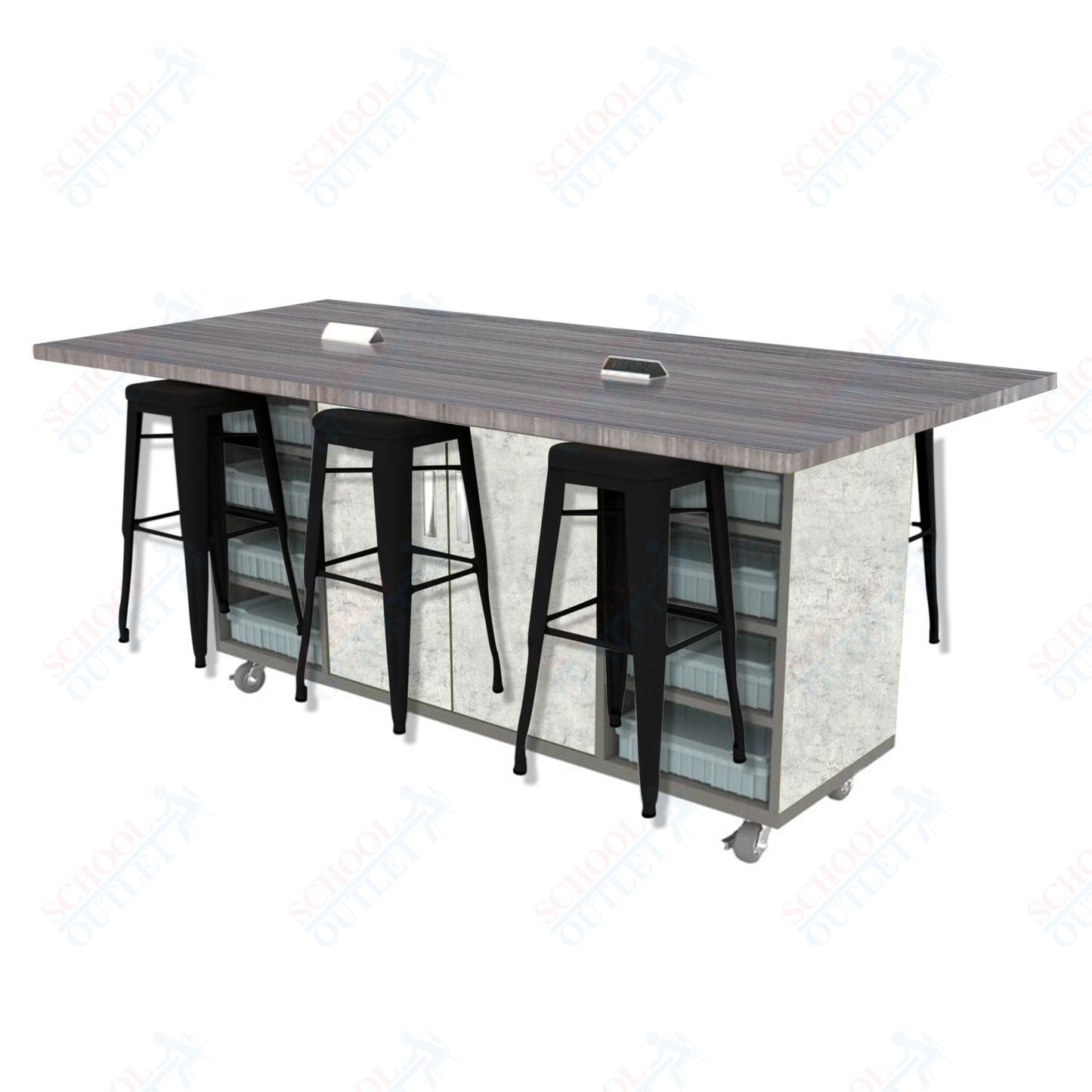 CEF ED Double Table 42"H High Pressure Laminate Top, Laminate Base with  6 Stools, Storage bins, and Electrical Outlets Included.