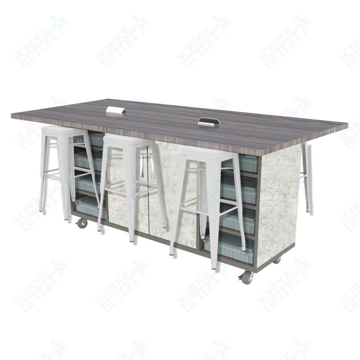 CEF ED Double Table 42"H High Pressure Laminate Top, Laminate Base with  6 Stools, Storage bins, and Electrical Outlets Included.