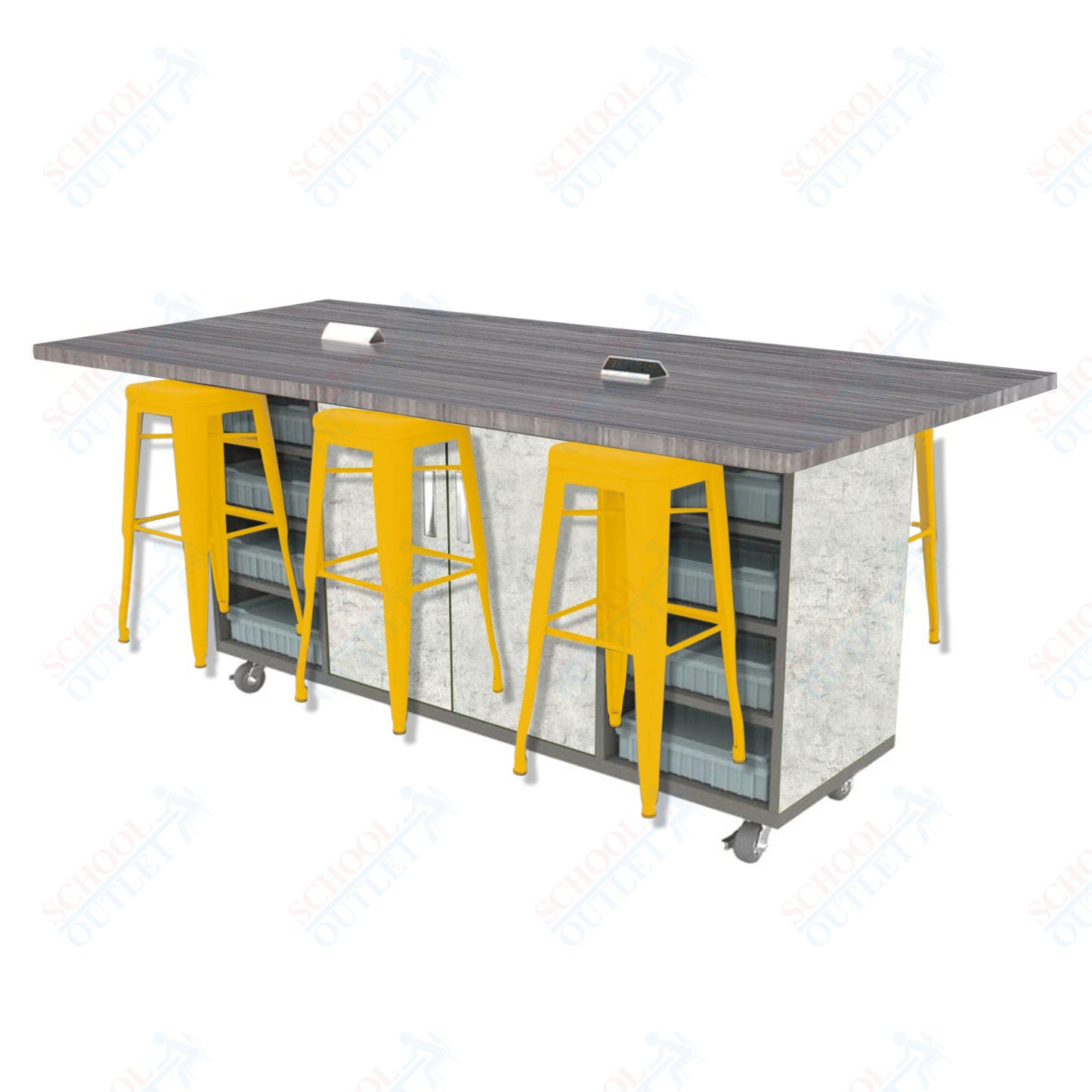 CEF ED Double Table 42"H High Pressure Laminate Top, Laminate Base with  6 Stools, Storage bins, and Electrical Outlets Included.