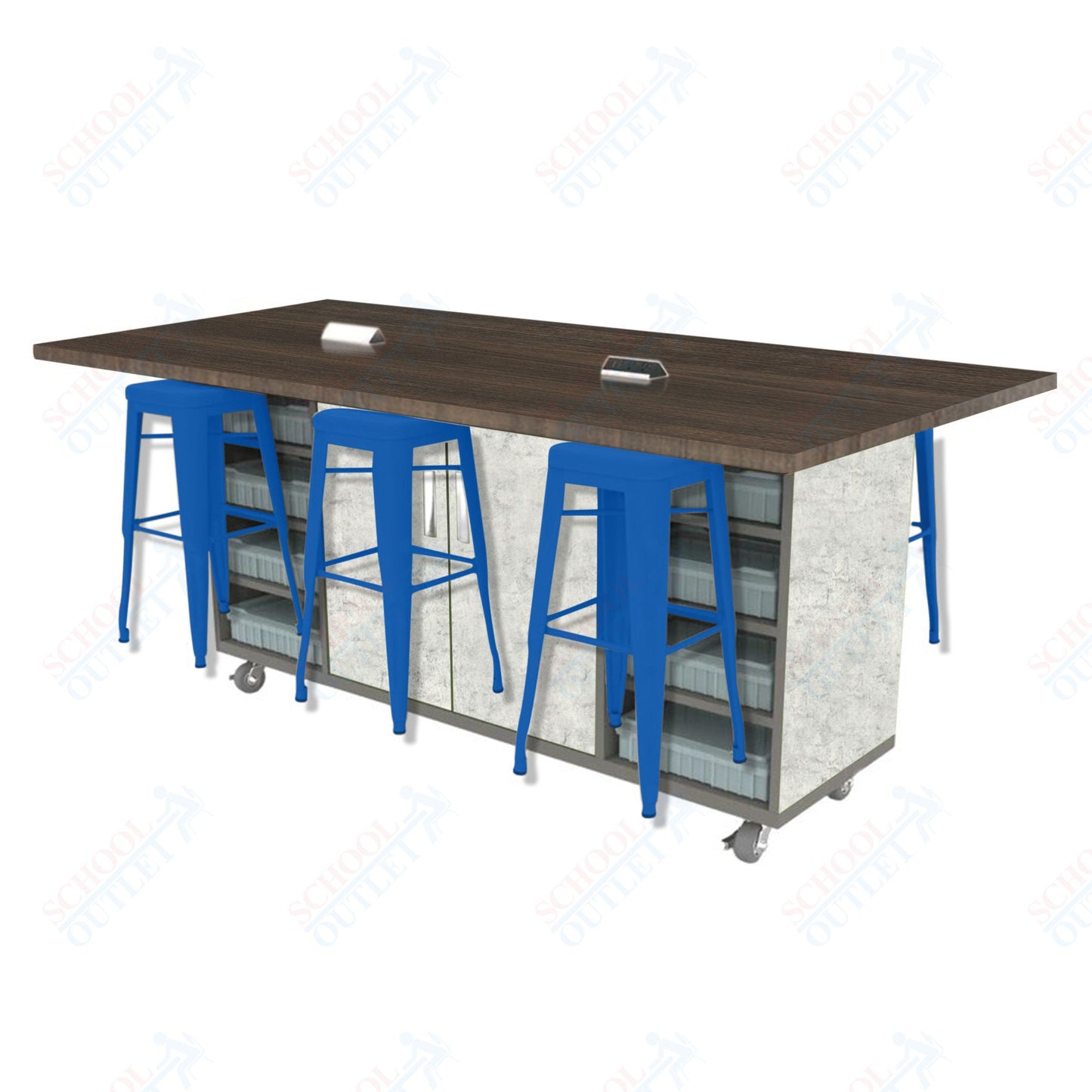 CEF ED Double Table 42"H High Pressure Laminate Top, Laminate Base with  6 Stools, Storage bins, and Electrical Outlets Included.