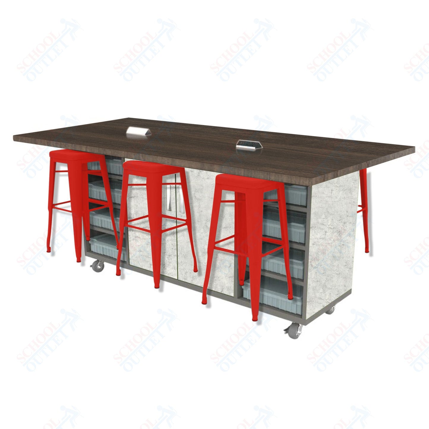 CEF ED Double Table 42"H High Pressure Laminate Top, Laminate Base with  6 Stools, Storage bins, and Electrical Outlets Included.