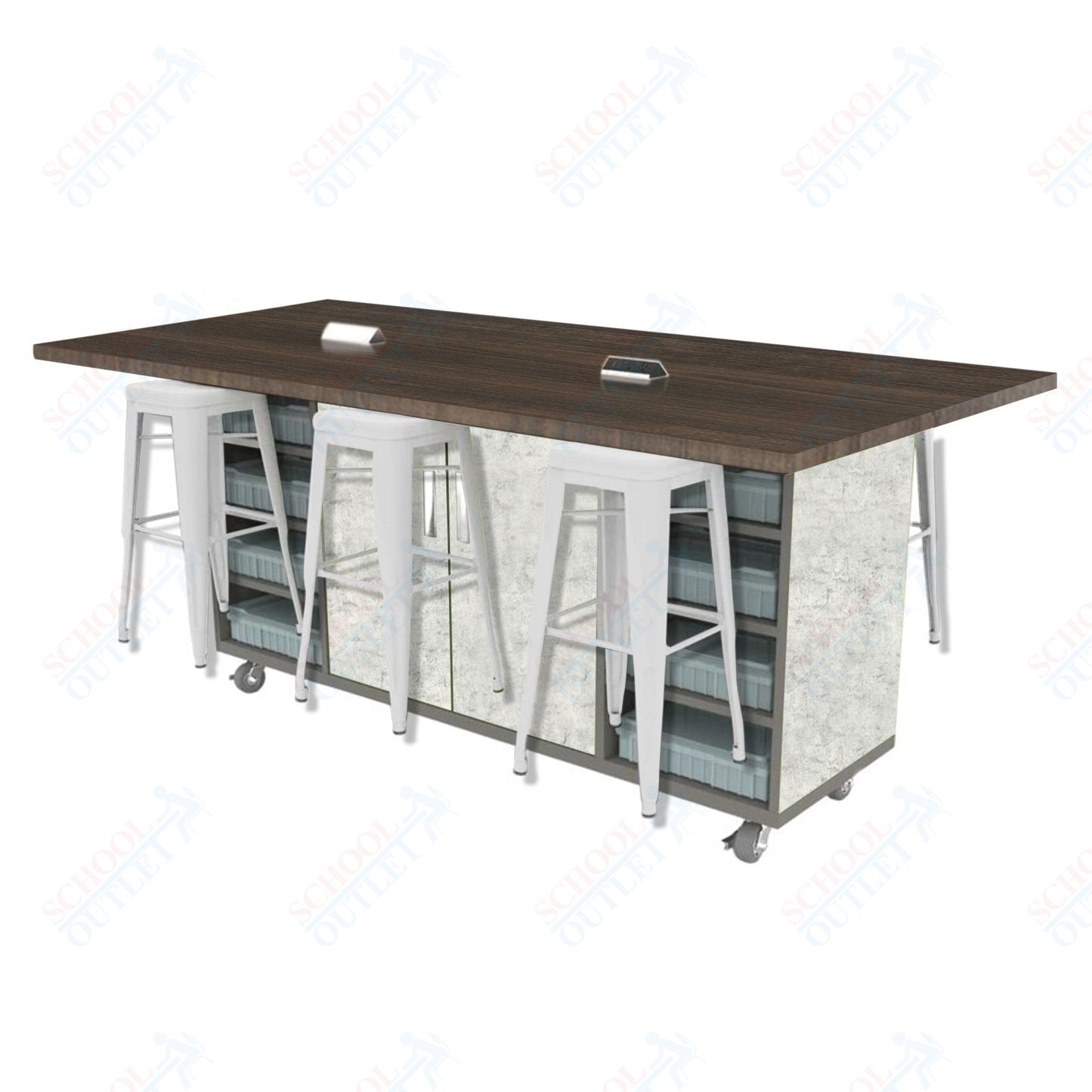 CEF ED Double Table 42"H High Pressure Laminate Top, Laminate Base with  6 Stools, Storage bins, and Electrical Outlets Included.